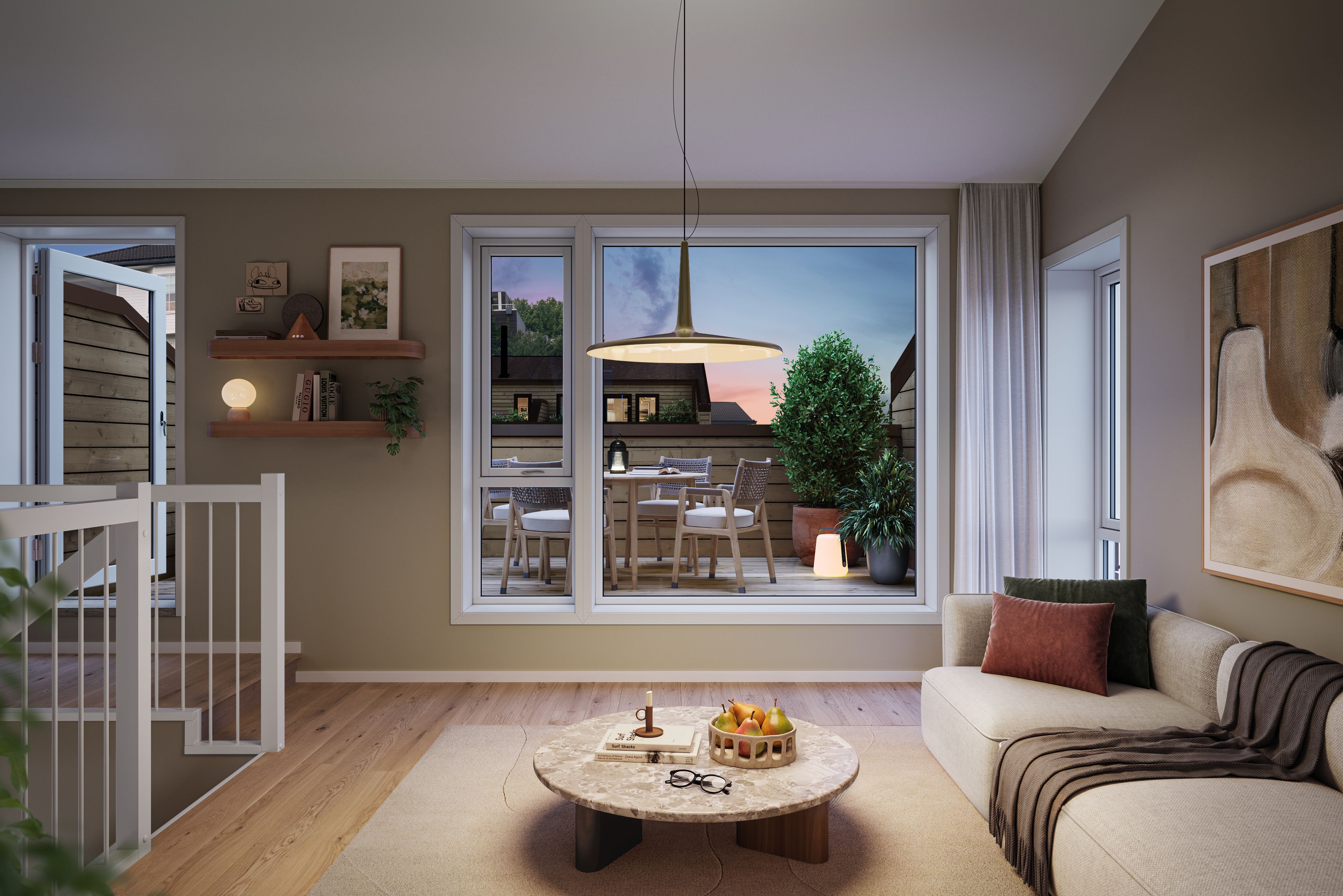 Illustrasjon av loftstue i tomannsbolig, hus 3 enhet 1, på Munkvolltunet.