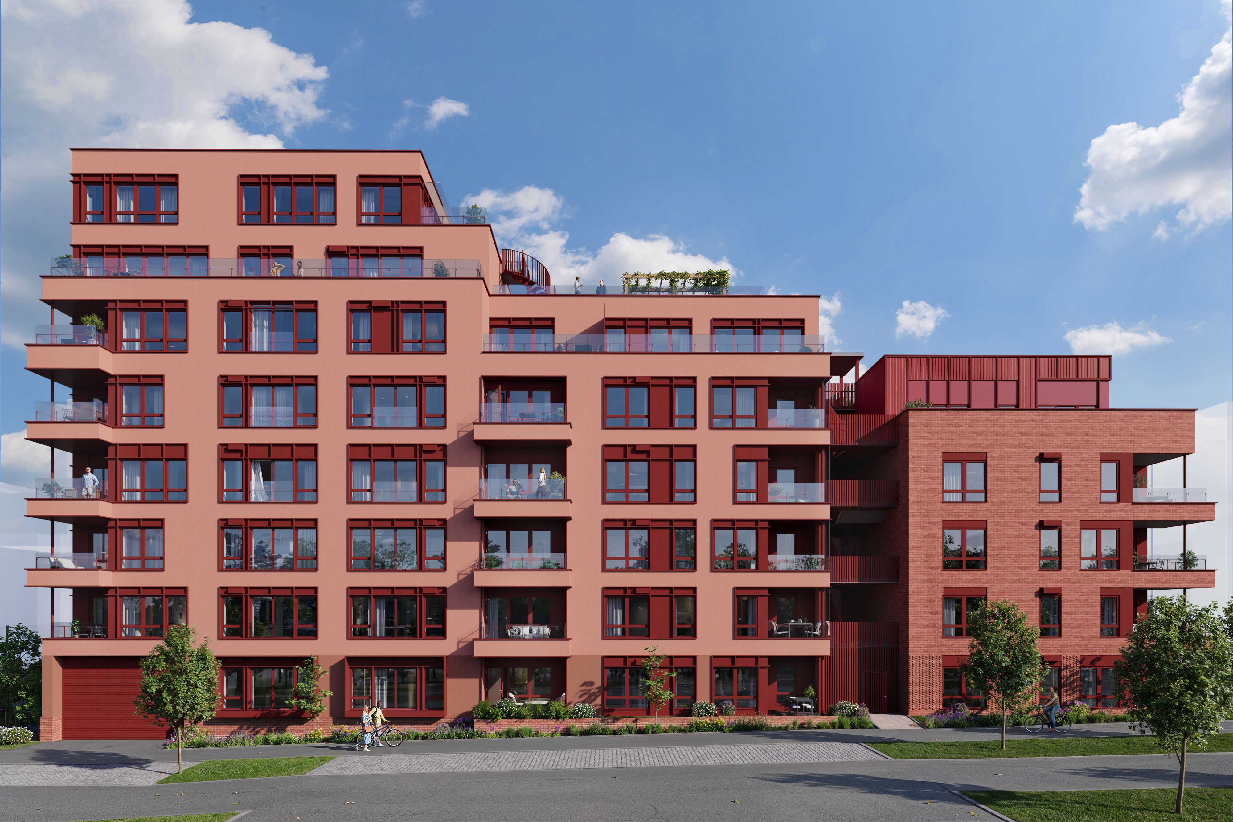 Illustrasjon av fasade med inngang til parkeringskjeller
