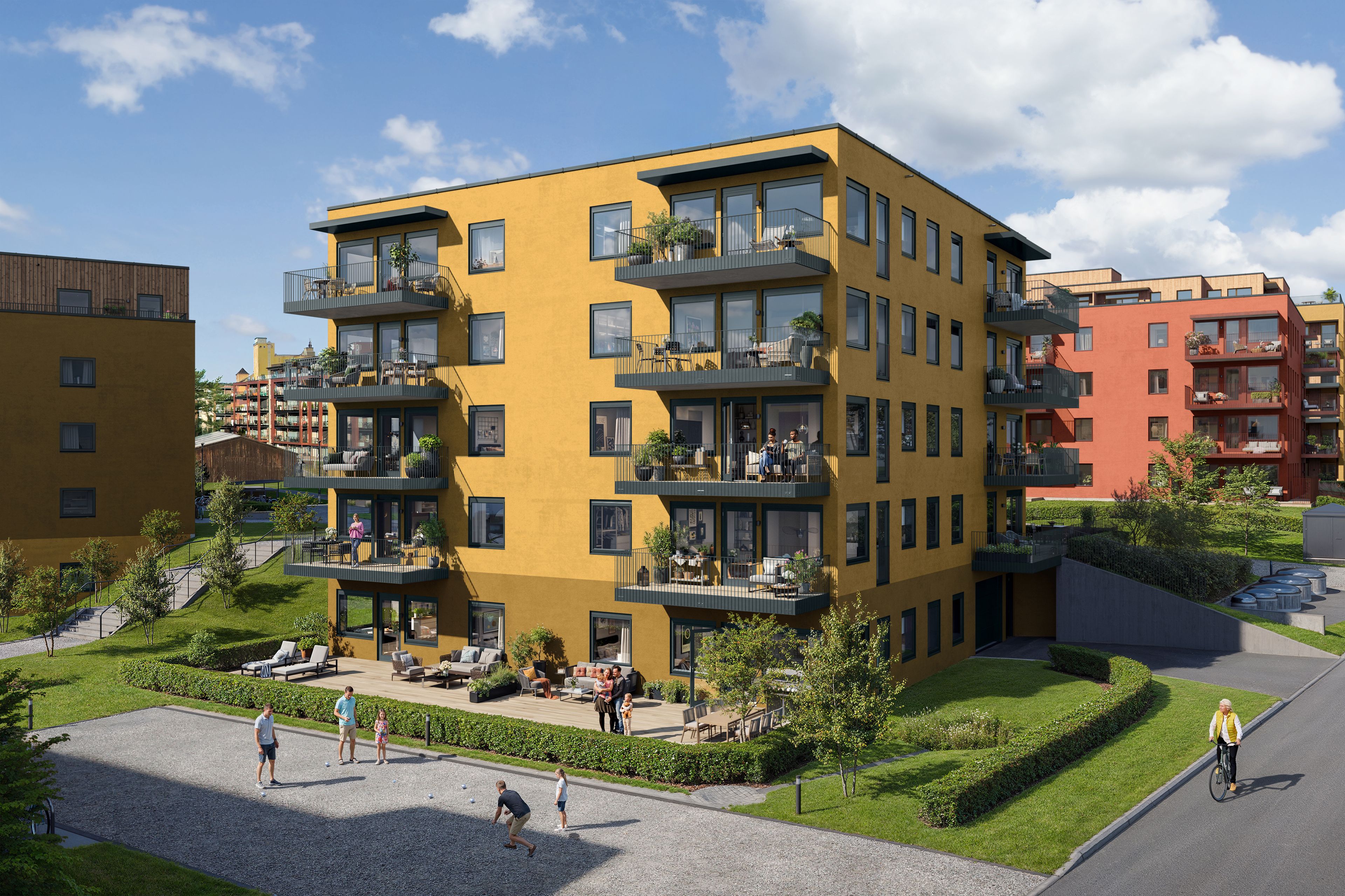 Illustrasjon av beboere som leker på uteområde og folk på balkongene i Stålverket Torg