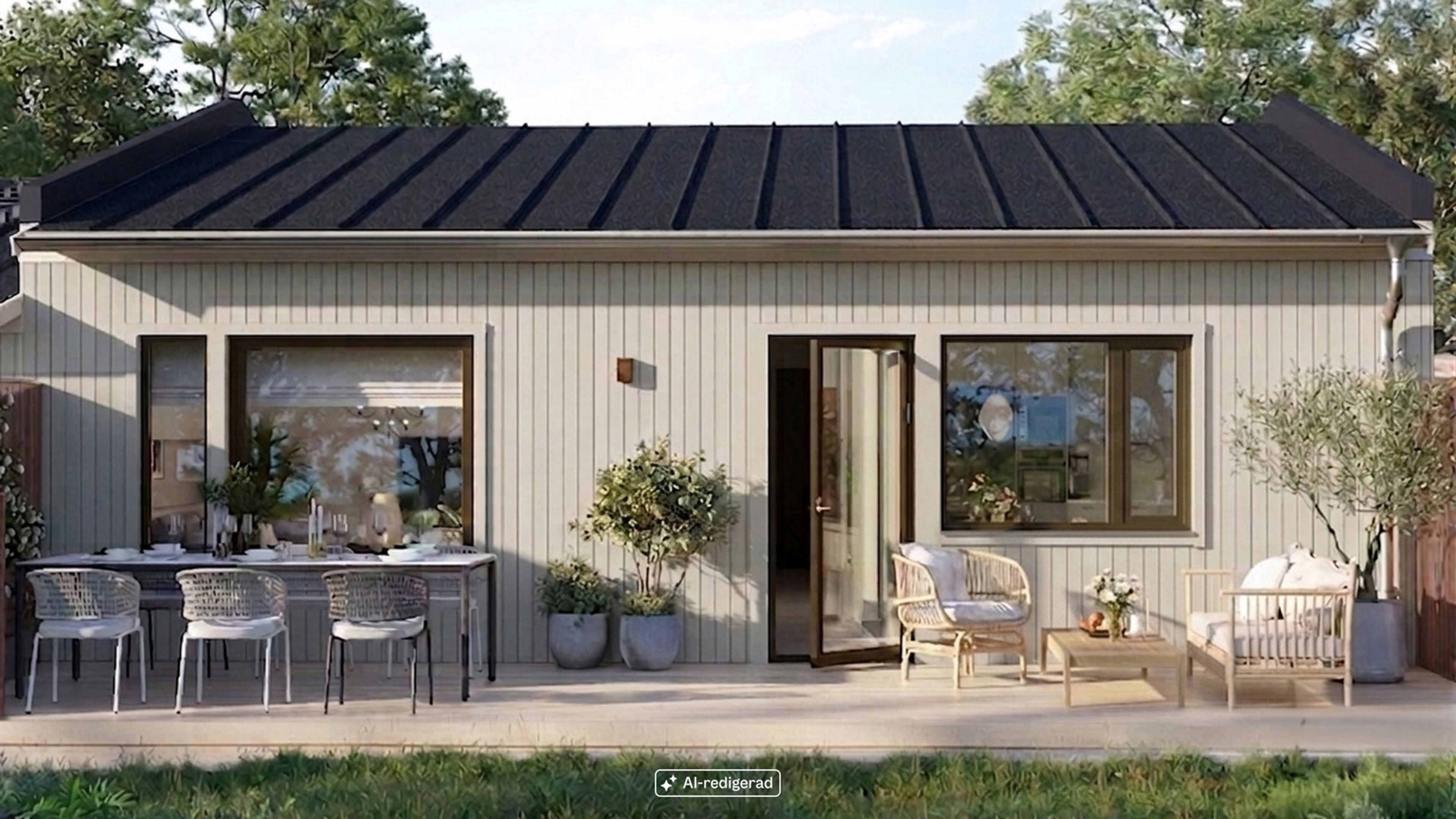 Illustration av altansida på radhus 82kvm (AI redigerad)