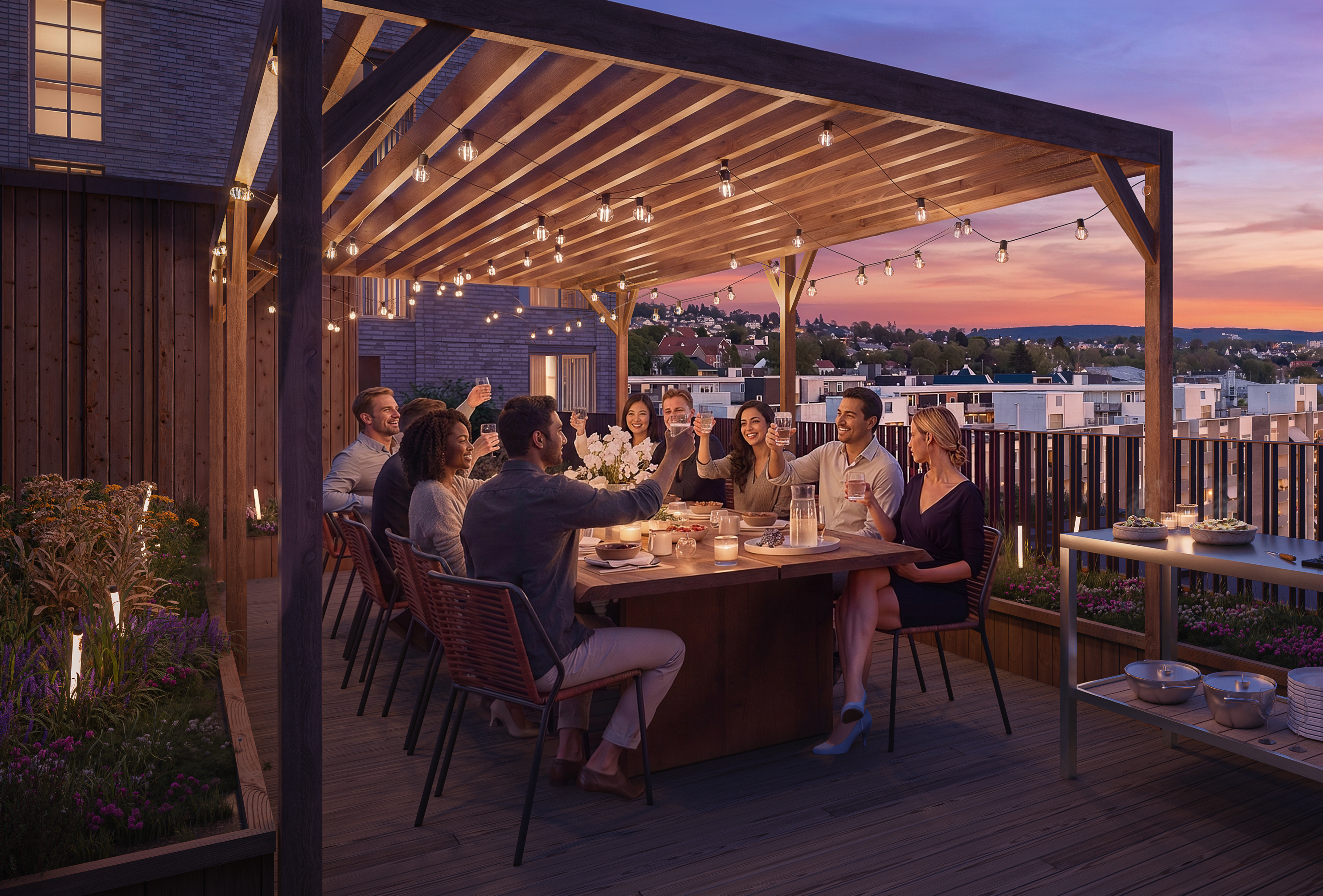 Illustrasjon av pergola på felles takterrasse i Versalen.