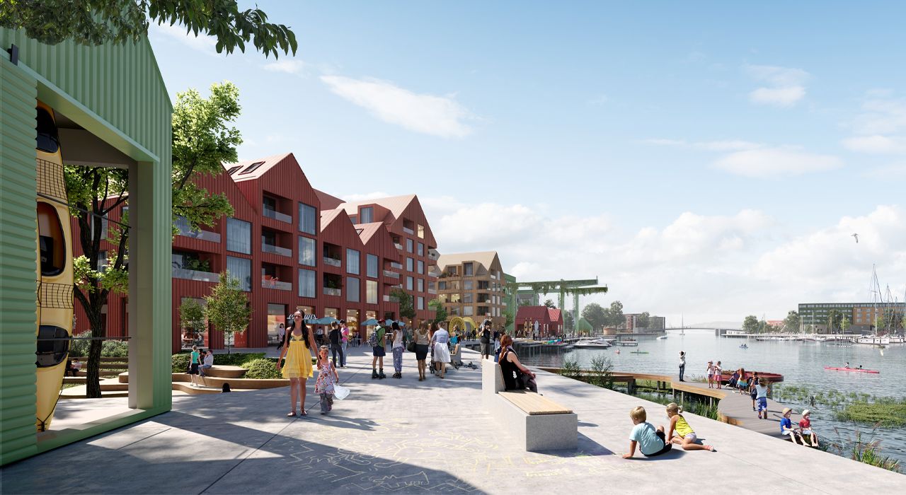 Slik ser man for seg at Scanrope-tomten kan bli seende ut. Dyrvik Arkitekter og Atsite Landskapsarkitektur står bak plangrepet og utviklingsprosjektet som man har lagt til grunn i det videre arbeidet med tomten.