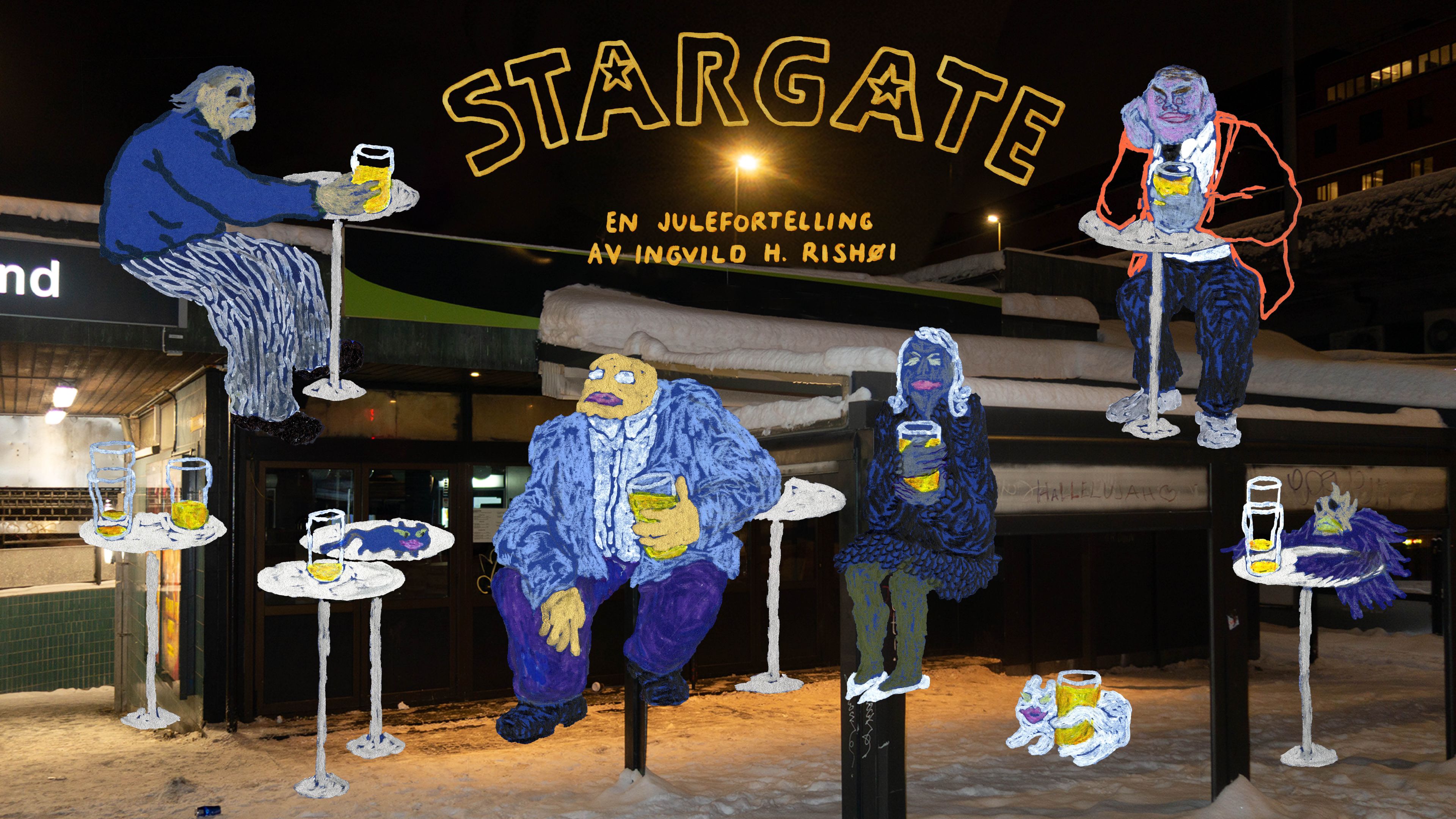 Banneret til Stargate. Viser flere tegnede figurer som drikker.