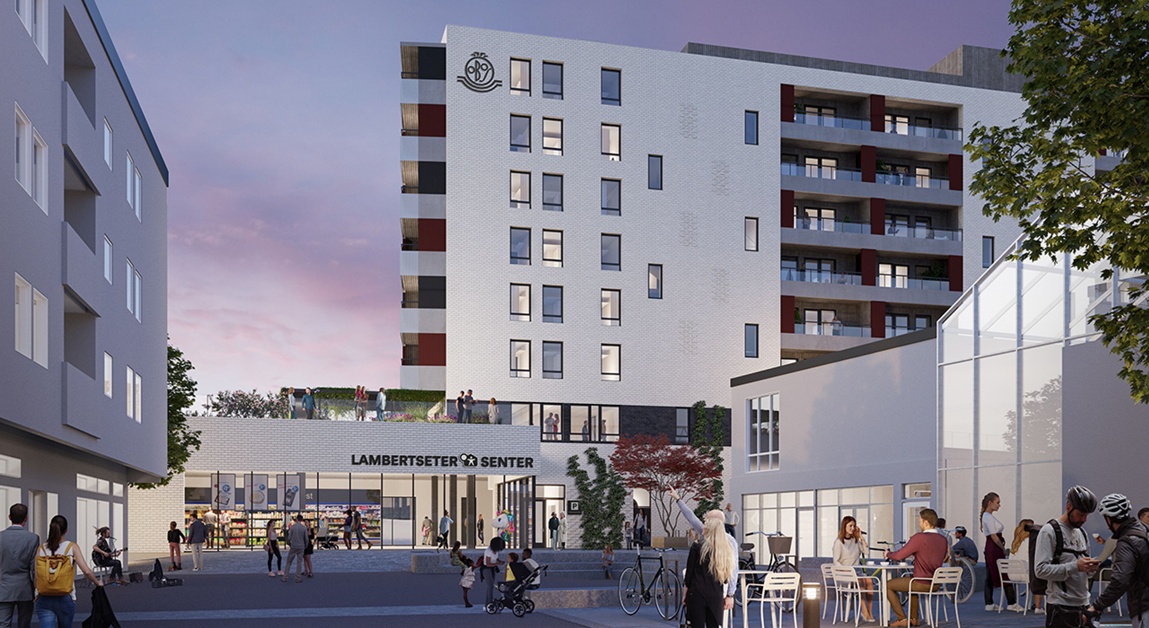 Illustrasjon av torget og fasaden til Bølgelengden på kveldstid, med en inngang til Lambertseter senter.