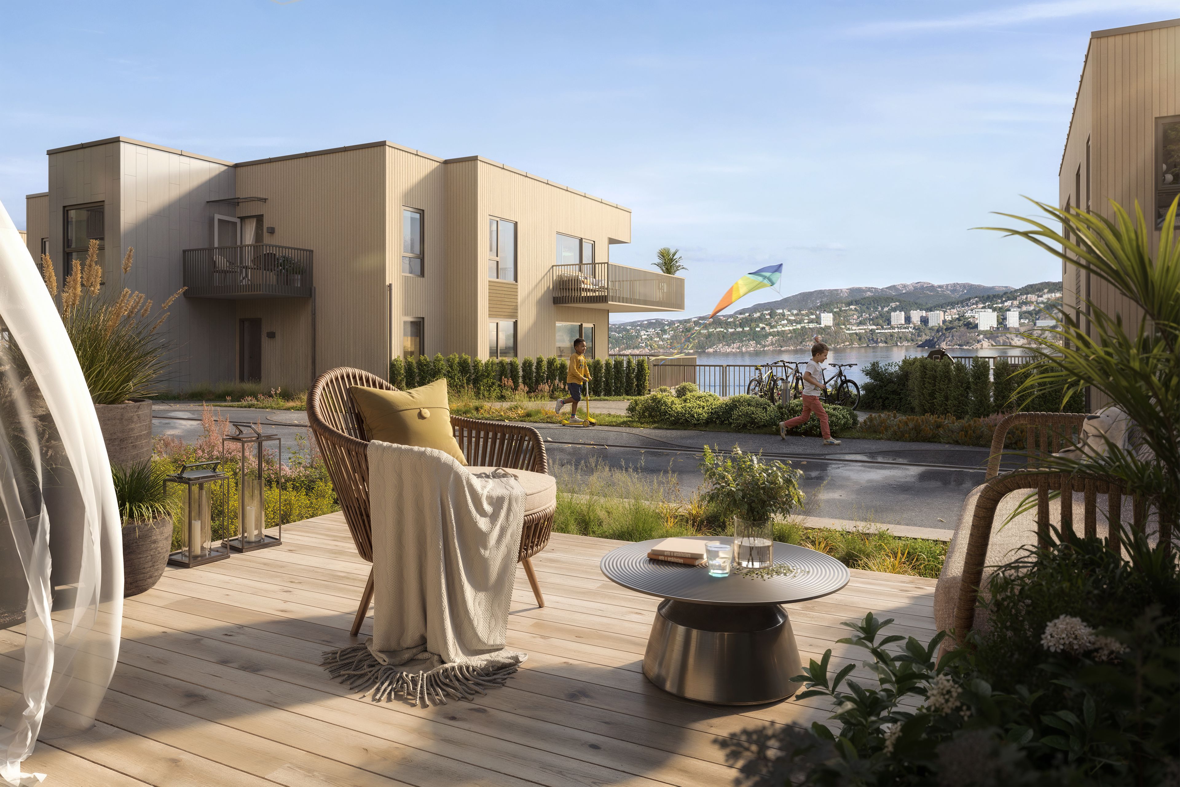 Illustrasjon av markterrasse i leilighet i hus C, på Byfjordporten.