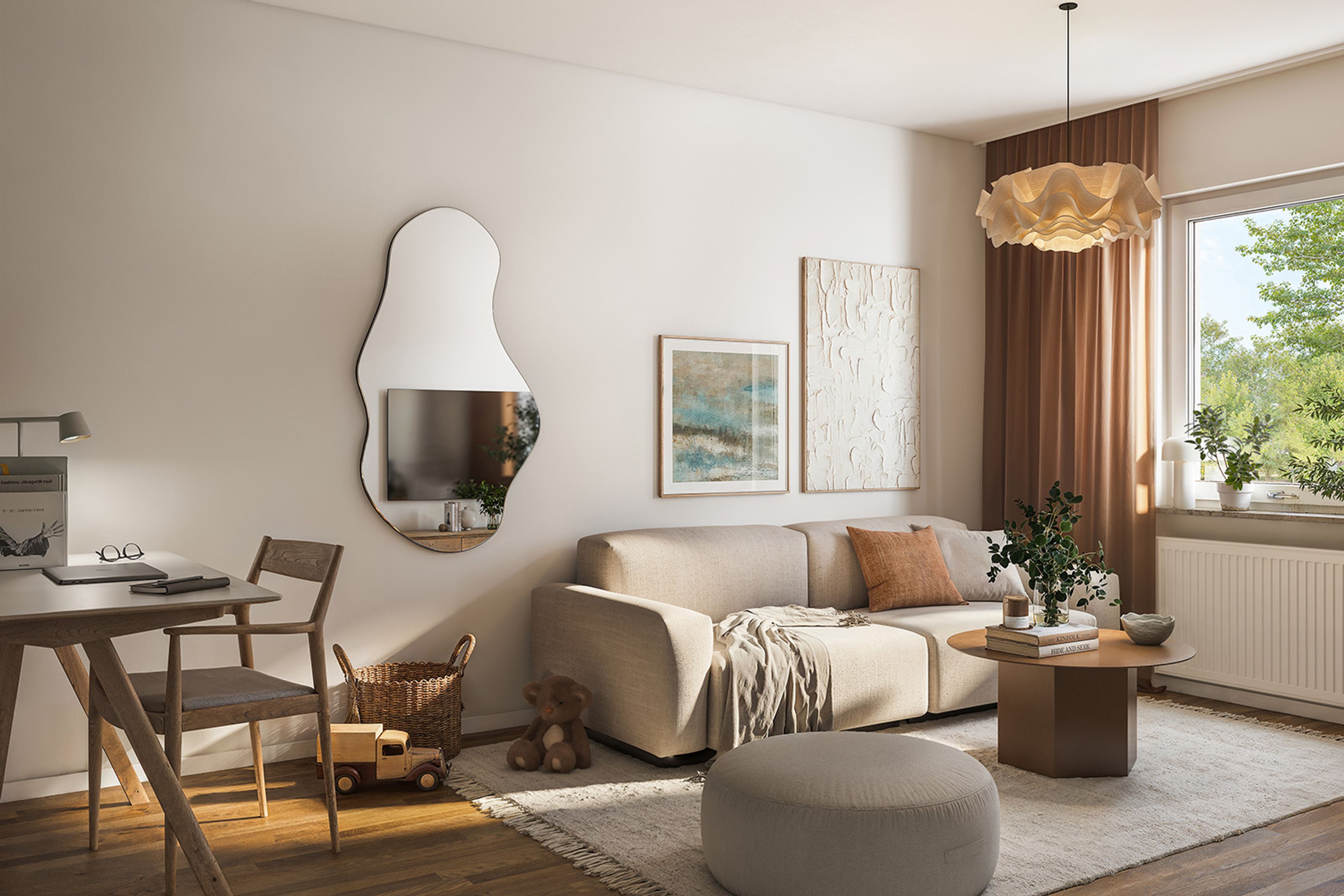3D illustration av allrum på ovanvåningen med soffa och arbetshörna