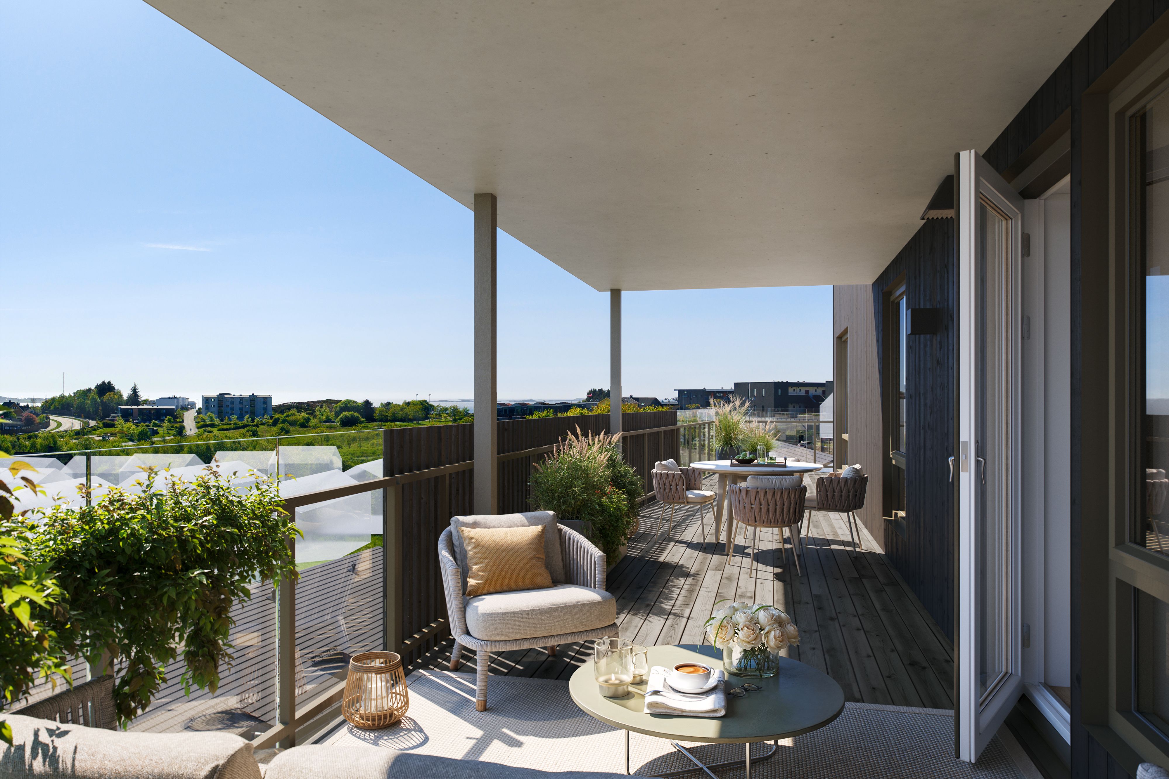 Illustrasjon av terrasse i leilighet H0502 på Myklebust.