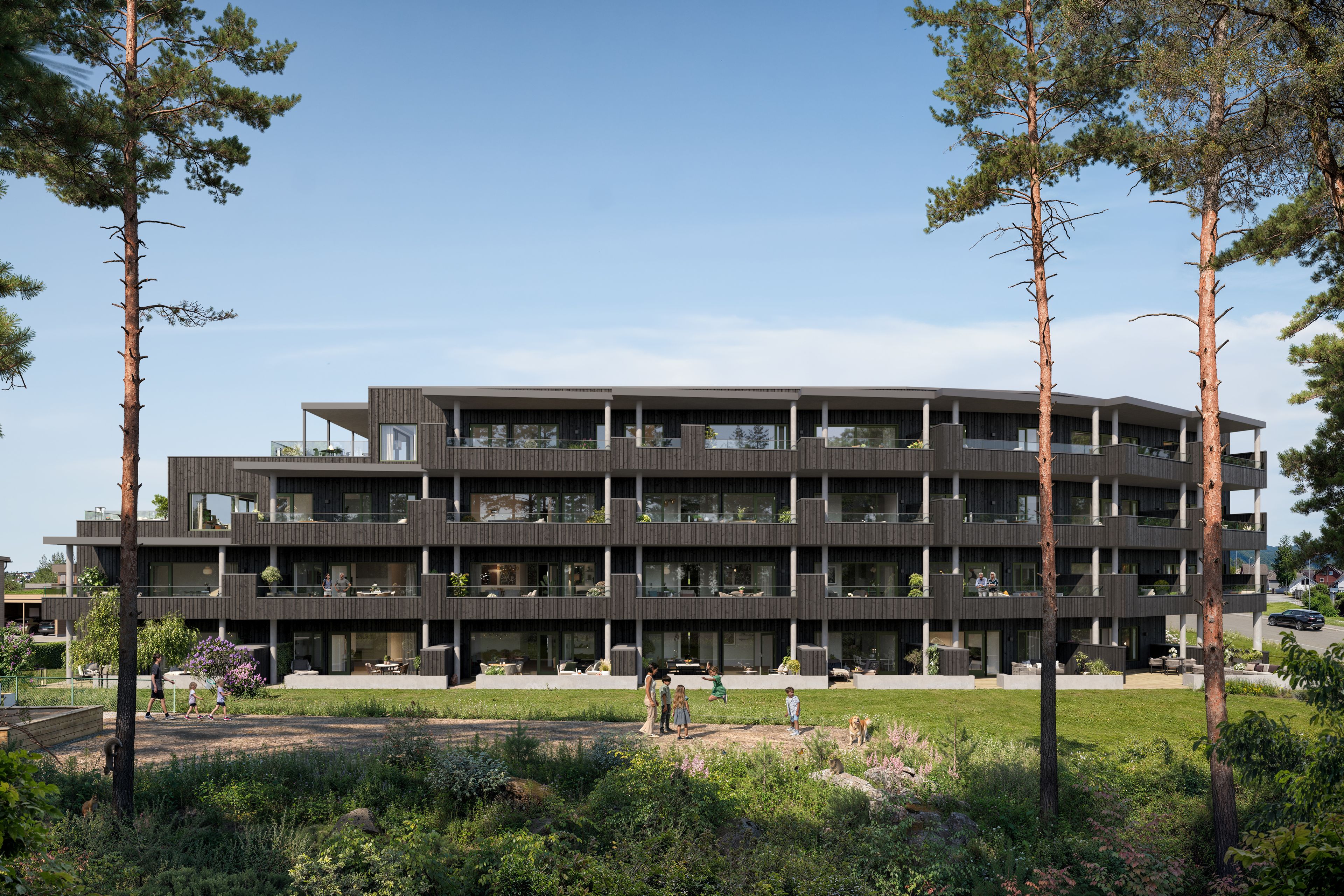 Illustrasjon av leilighetsbygg (BBB1) sett fra hagesiden, på Fjordsyn