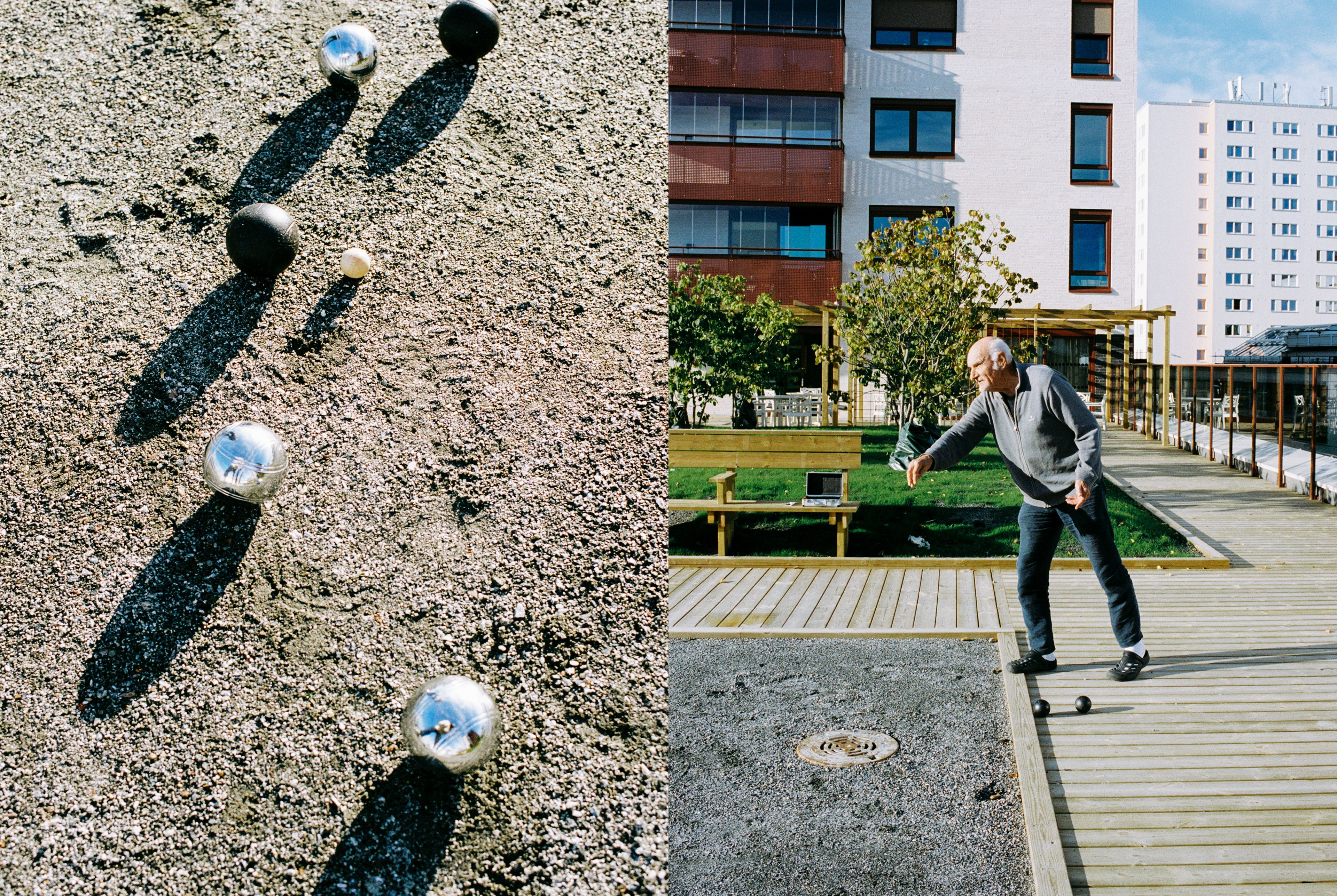 To bilder: Ett av Reidar som kaster petanquekuler og et bilde av kulene som ligger i grusen.