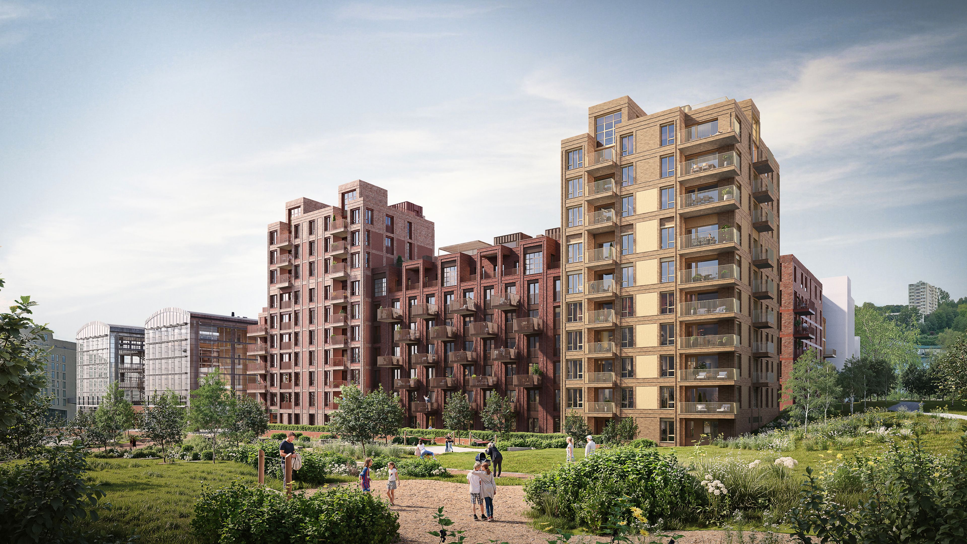 Illustrasjon av Versalen i Trykkeriet Nydalen, med parken i forgrunnen.