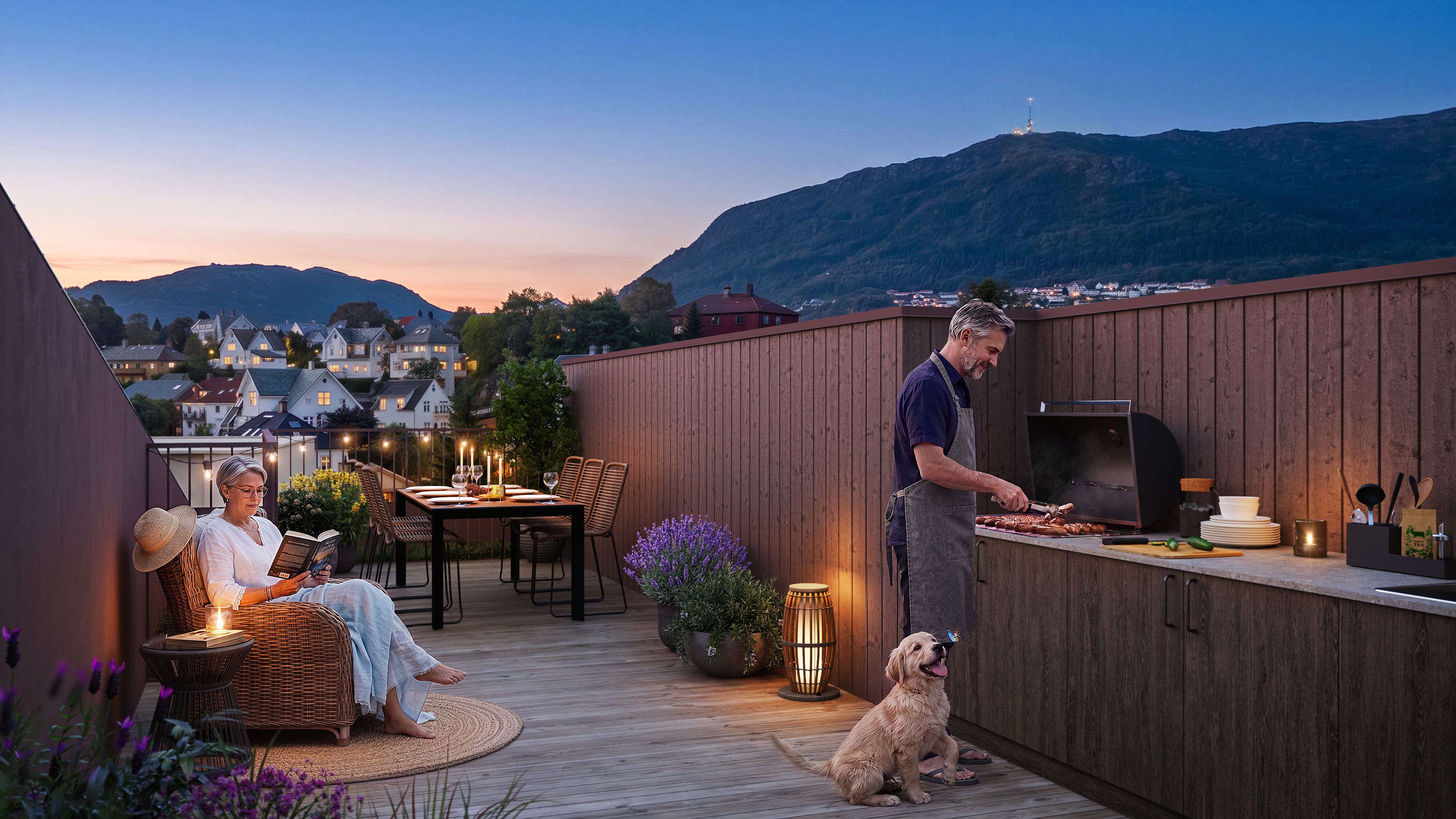 Takterrasse med utekjøkken og spiseplass i 7006.
