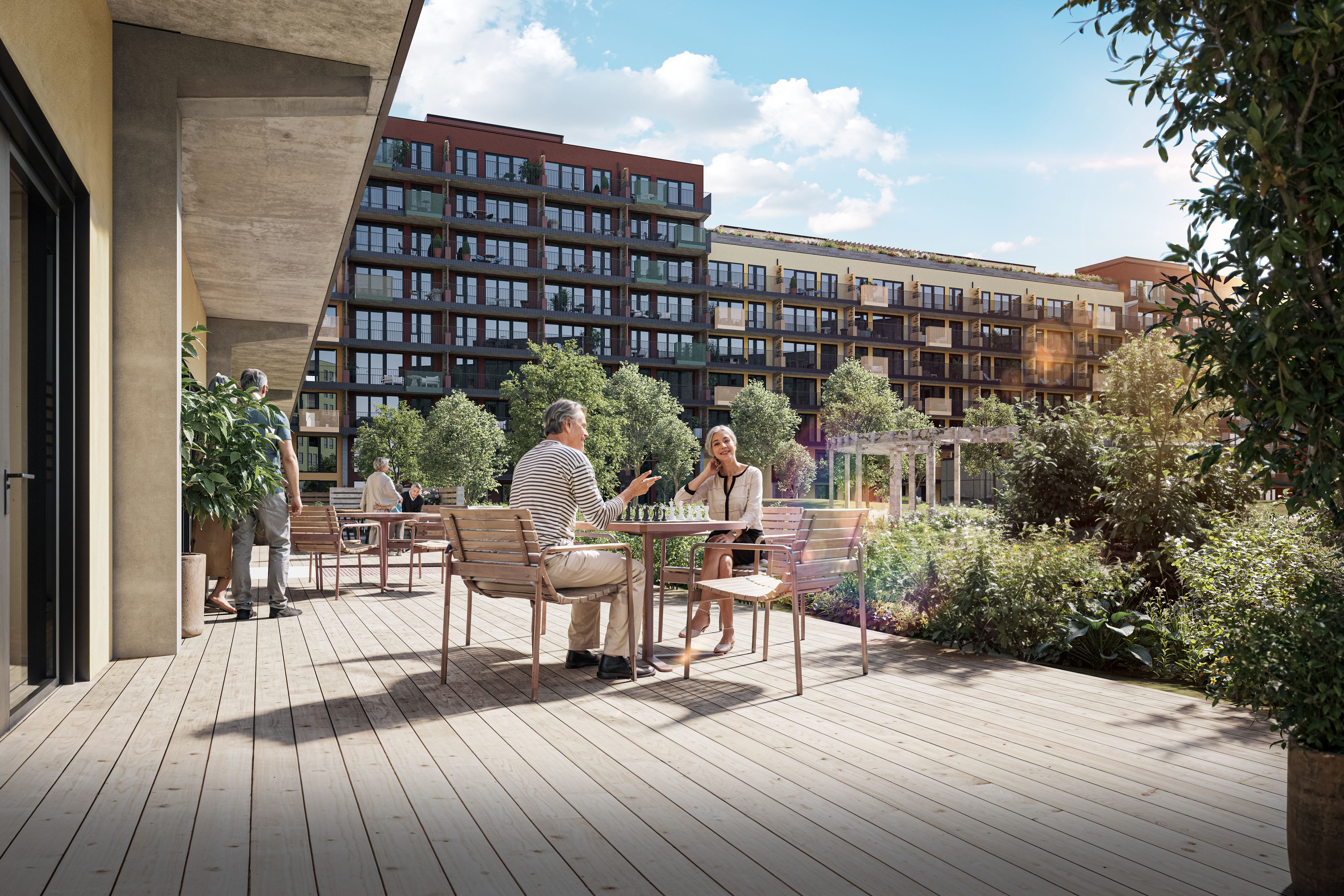 Illustrasjon av et par som sitter sammen ved et bord på en markterrasse.
