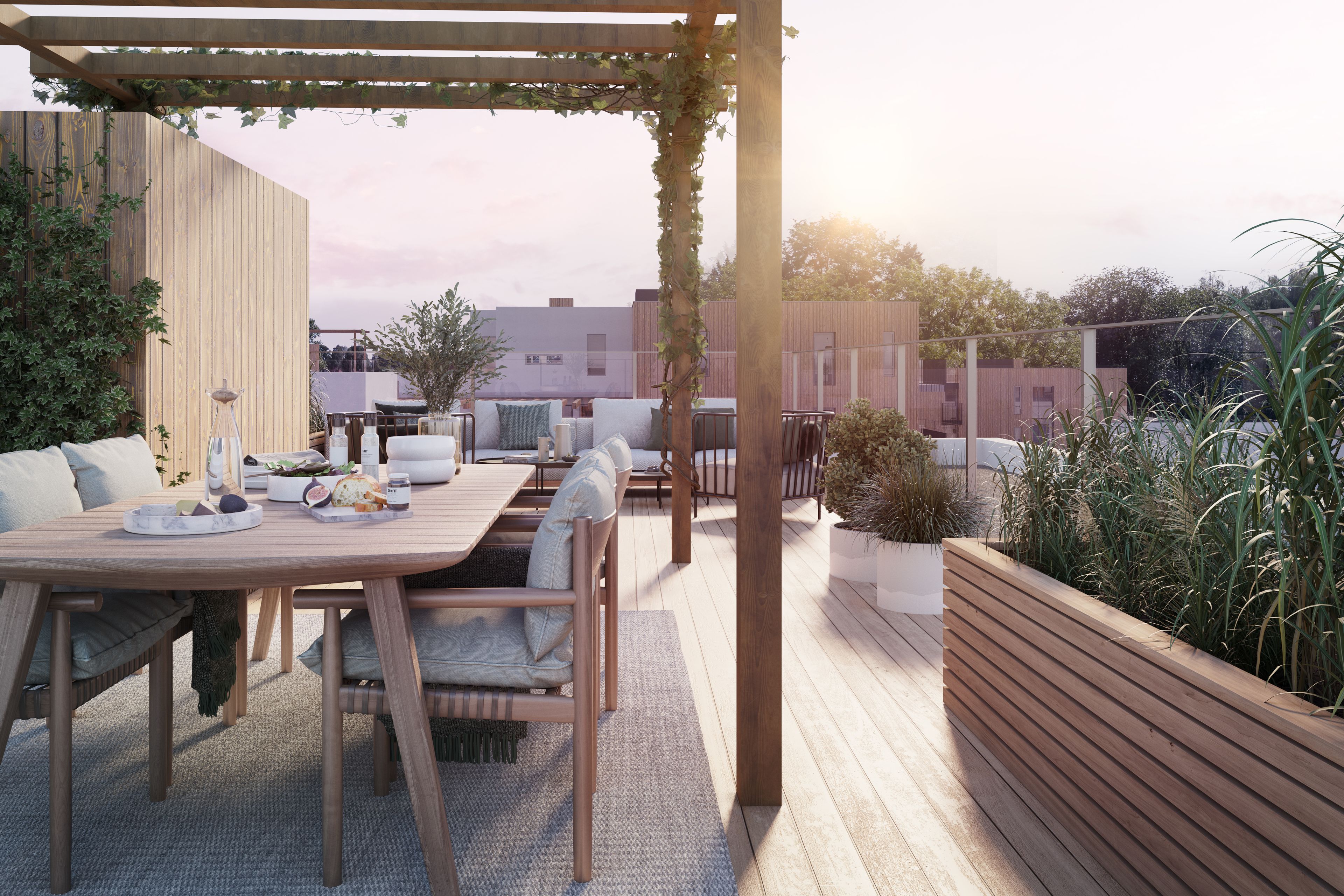 Illustrasjon av en takterrasse i Teieparken, med spisebord under en pergola, sofagruppe og planter. Utsikt mot naboblokker og grøntområder.