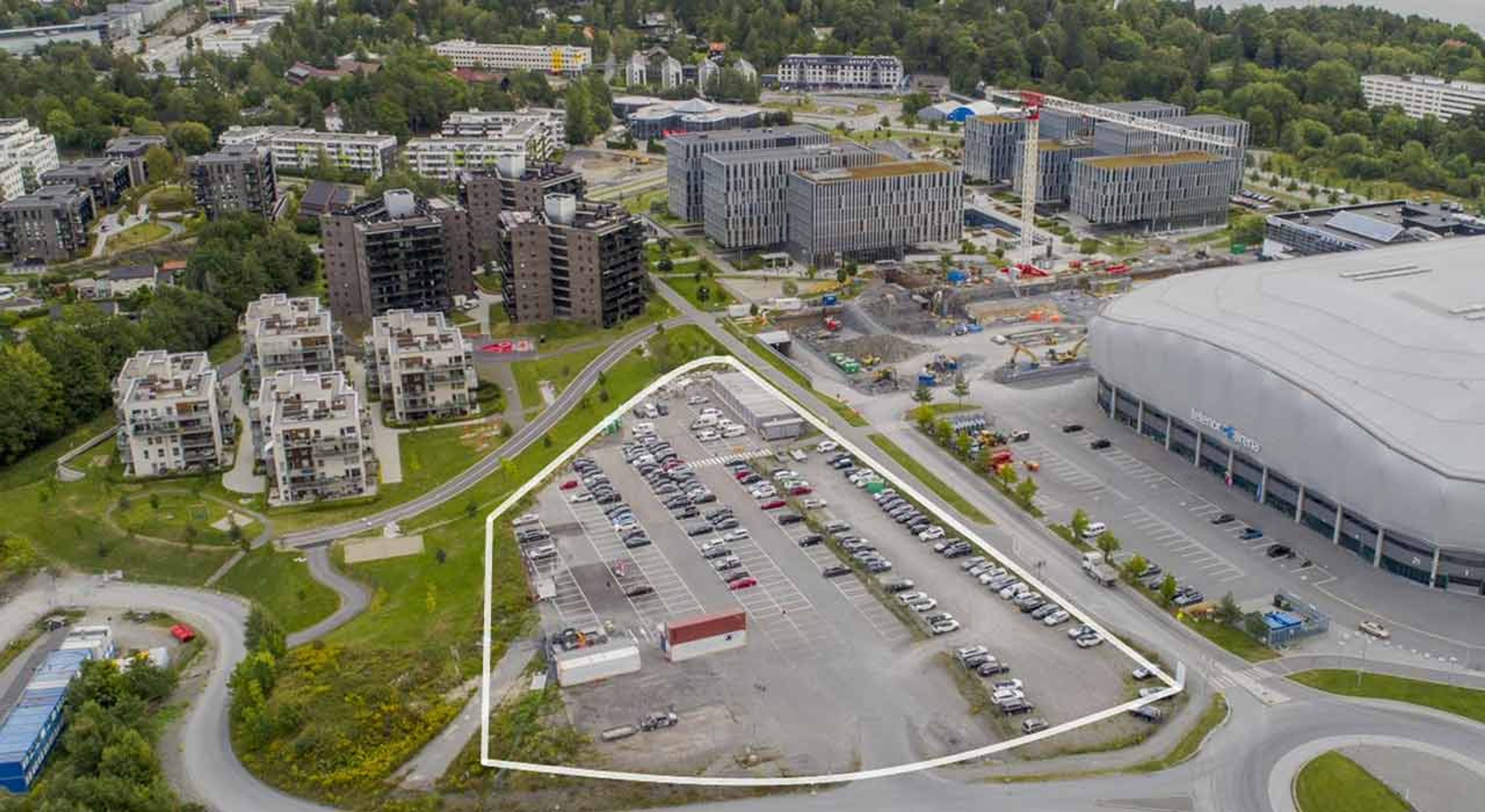 Oversiktsbilde over OBOS-tomten Fornebuporten felt 1.3 med markering