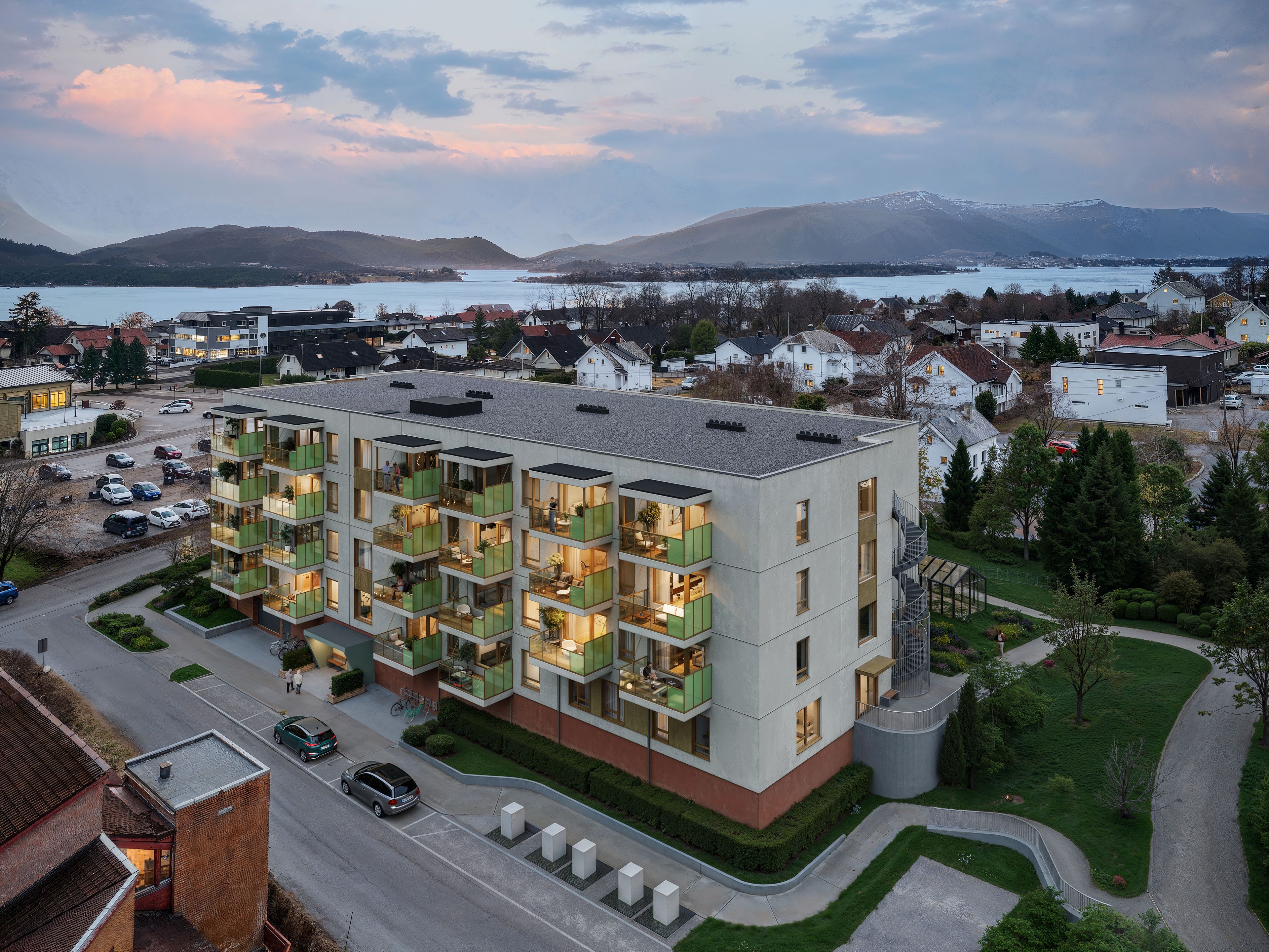 Oversiktsillustrasjon av leilighetsbygg på kvelden, i boligprosjektet Vingårdsvingen