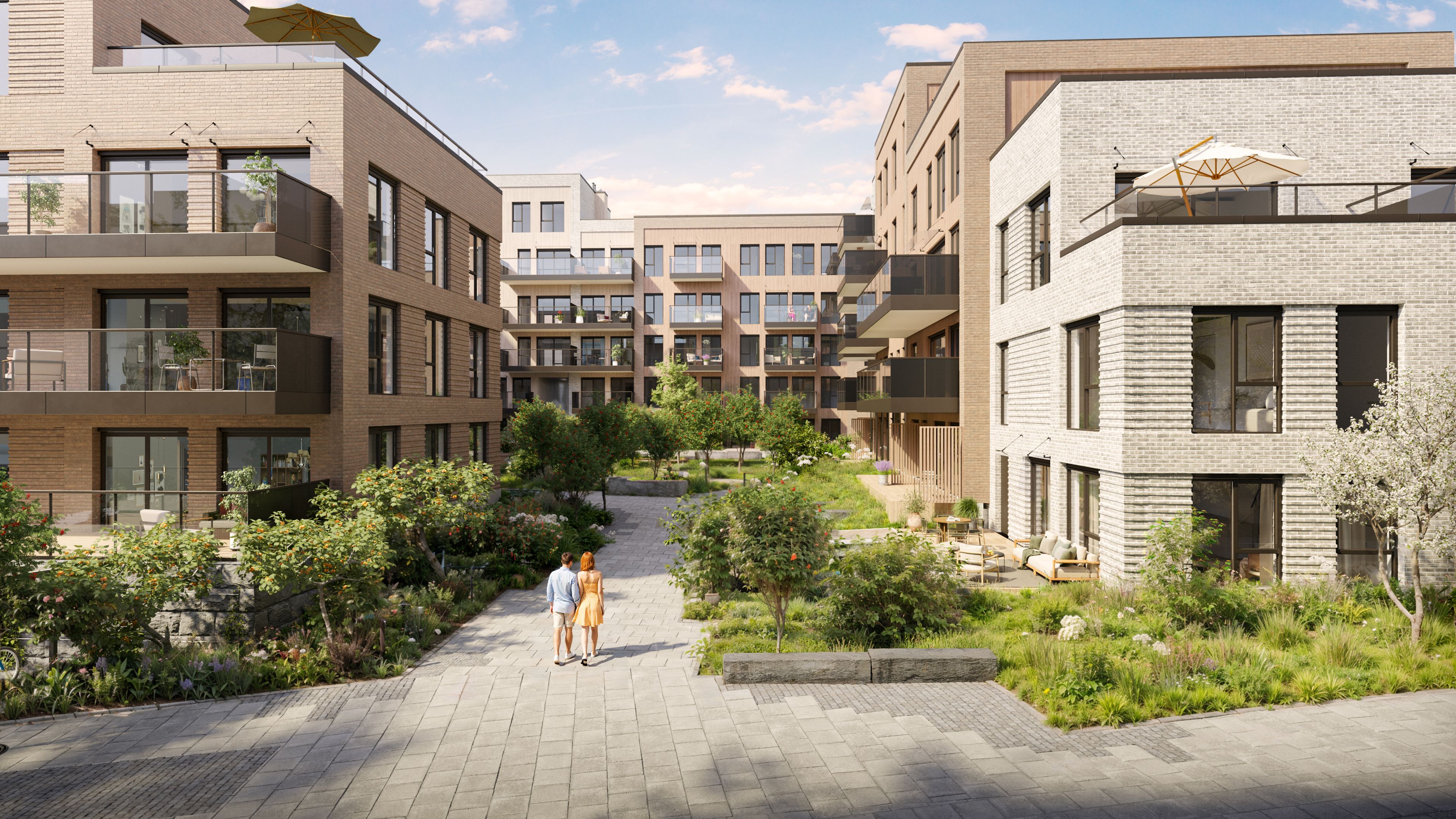 Illustrasjon av et par som går inn i et gårdsrom omringet av townhouses