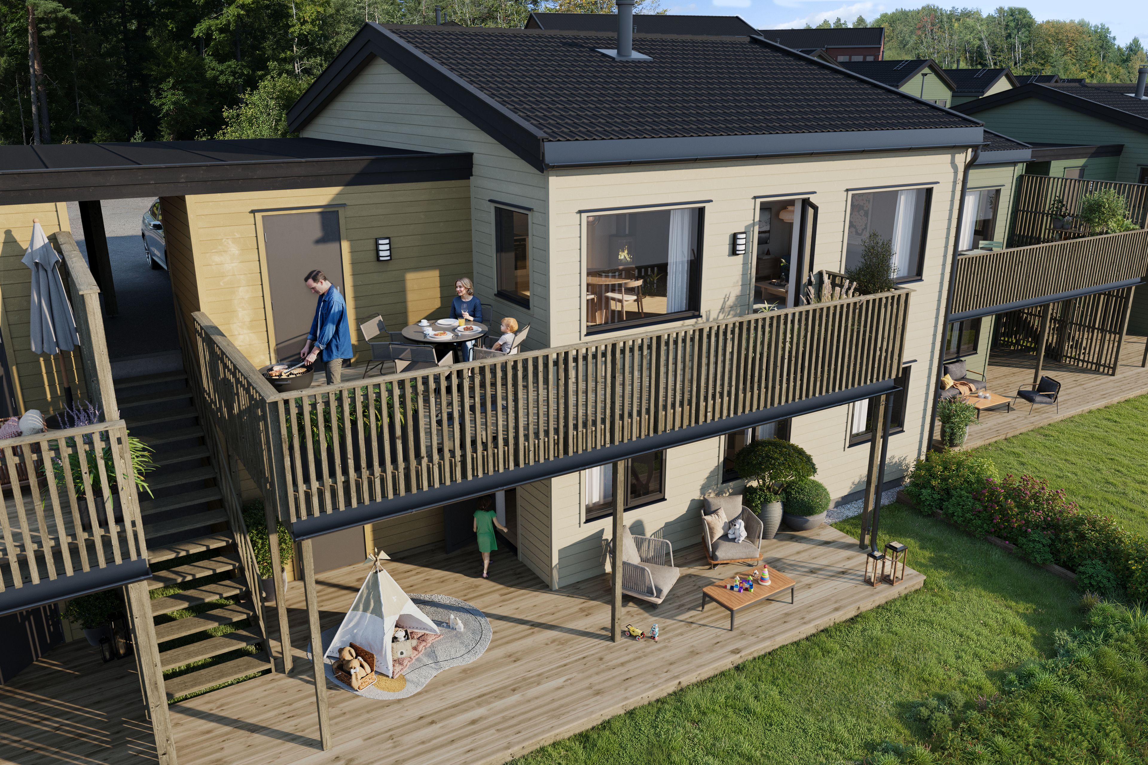 Illustrasjon av terrasse i enebolig i kjede, hus 51, på Firenga