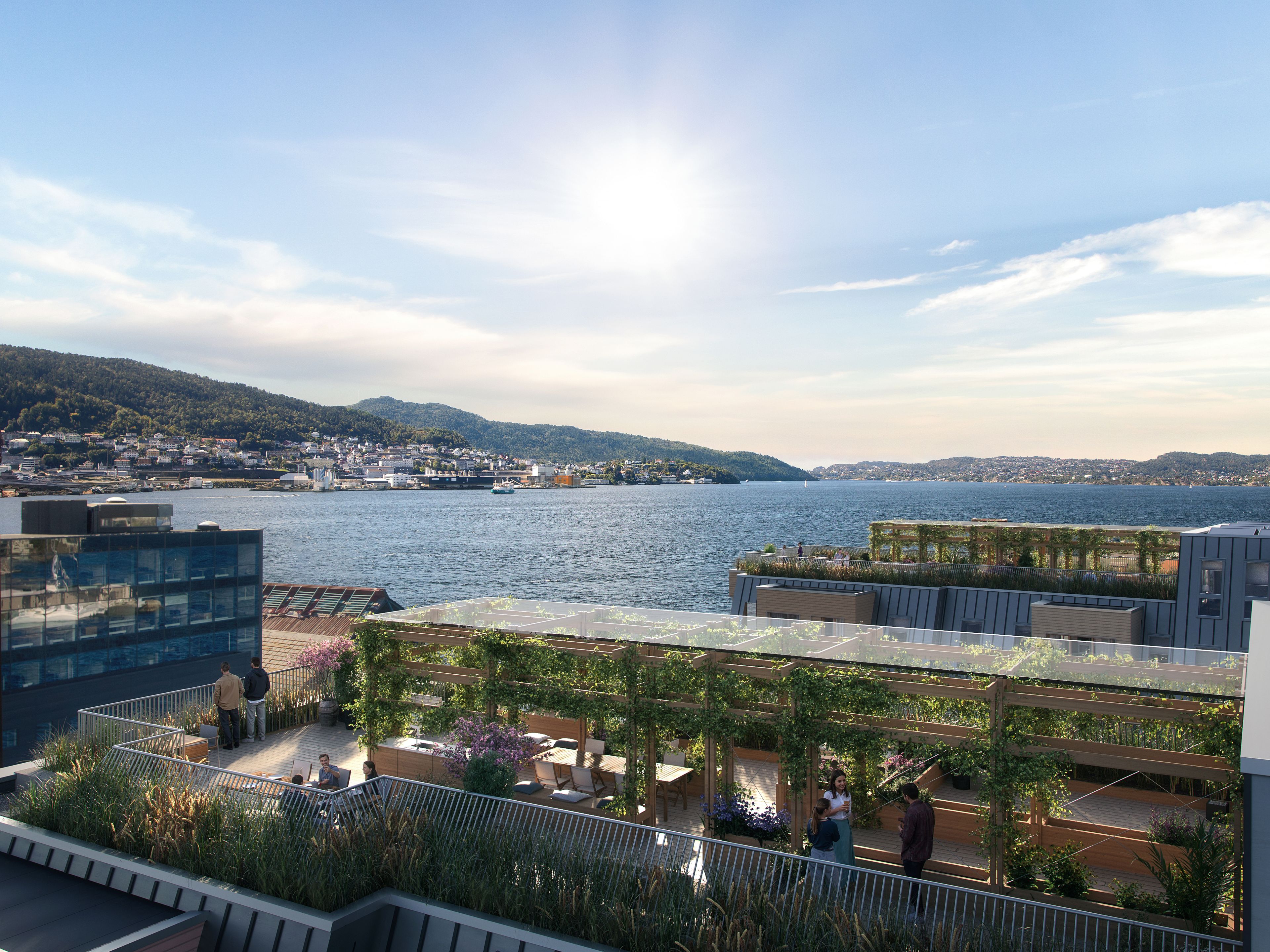 Illustrasjon av takterrassene på Nøstebukten brygge