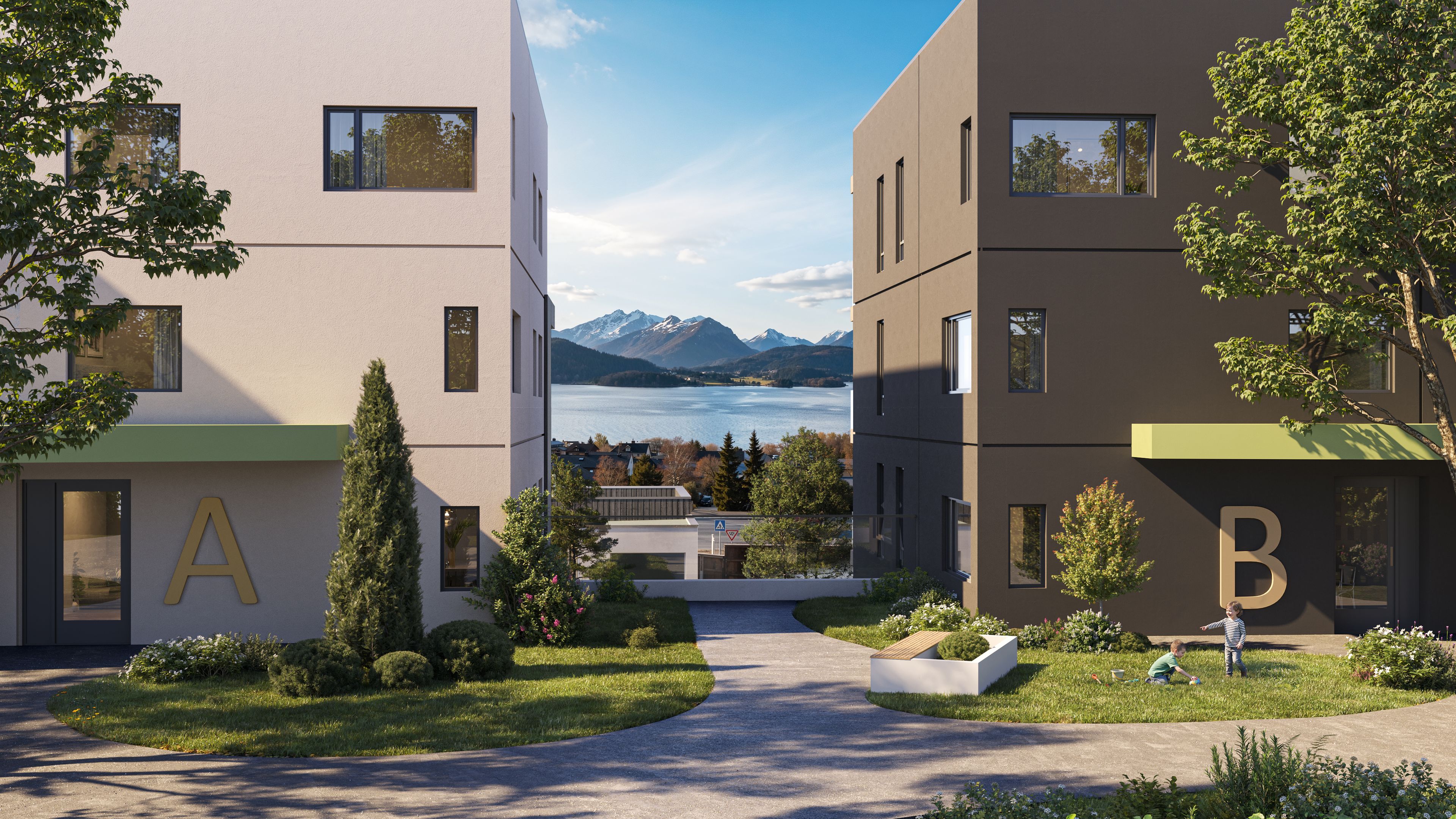 Inngangsparti til leilighetene i Hus A og Hus B.