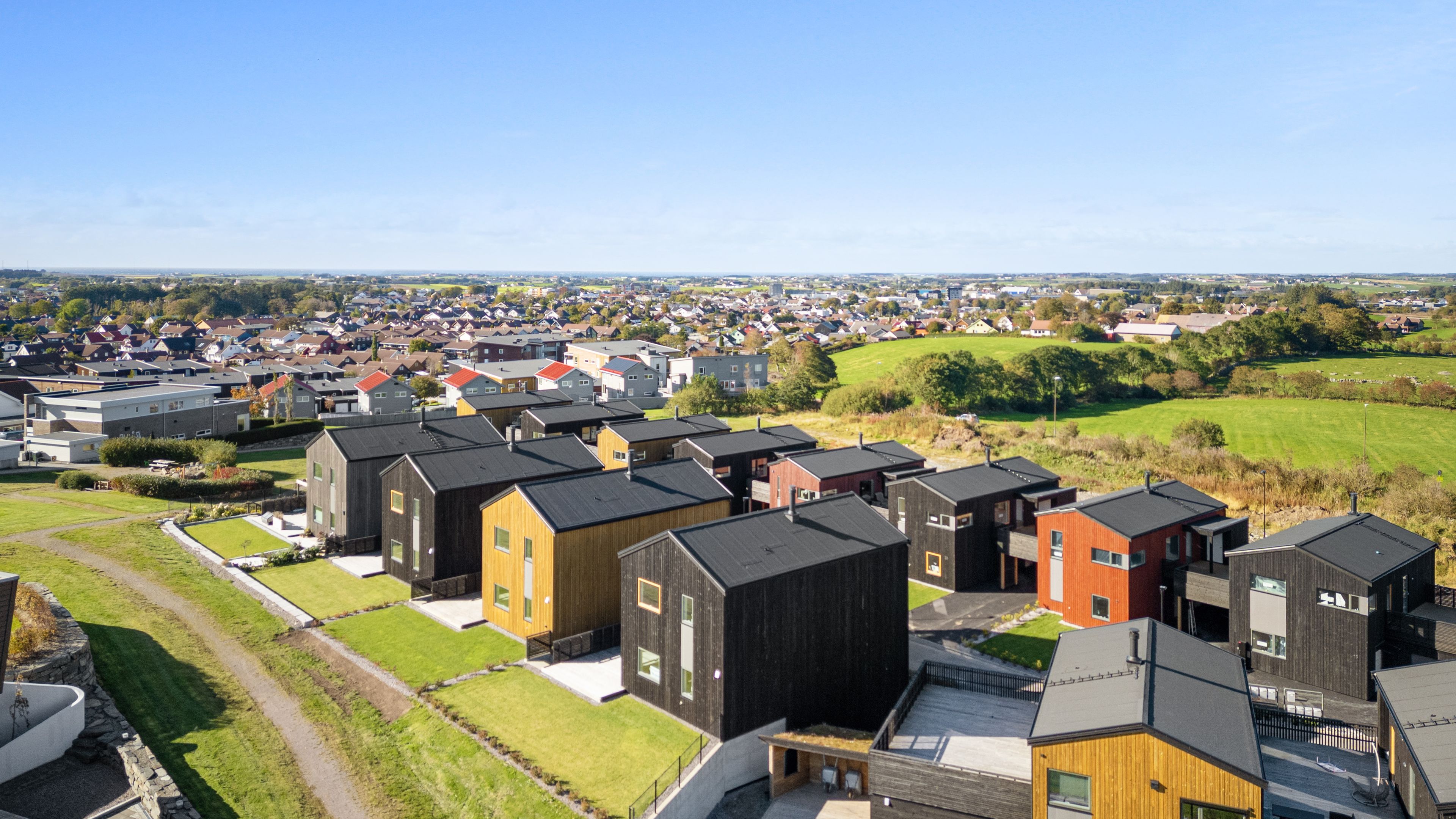 Illustrasjon av to rader med eneboliger i ulike farger, og grønt og frodig landskap i bakgrunnen.