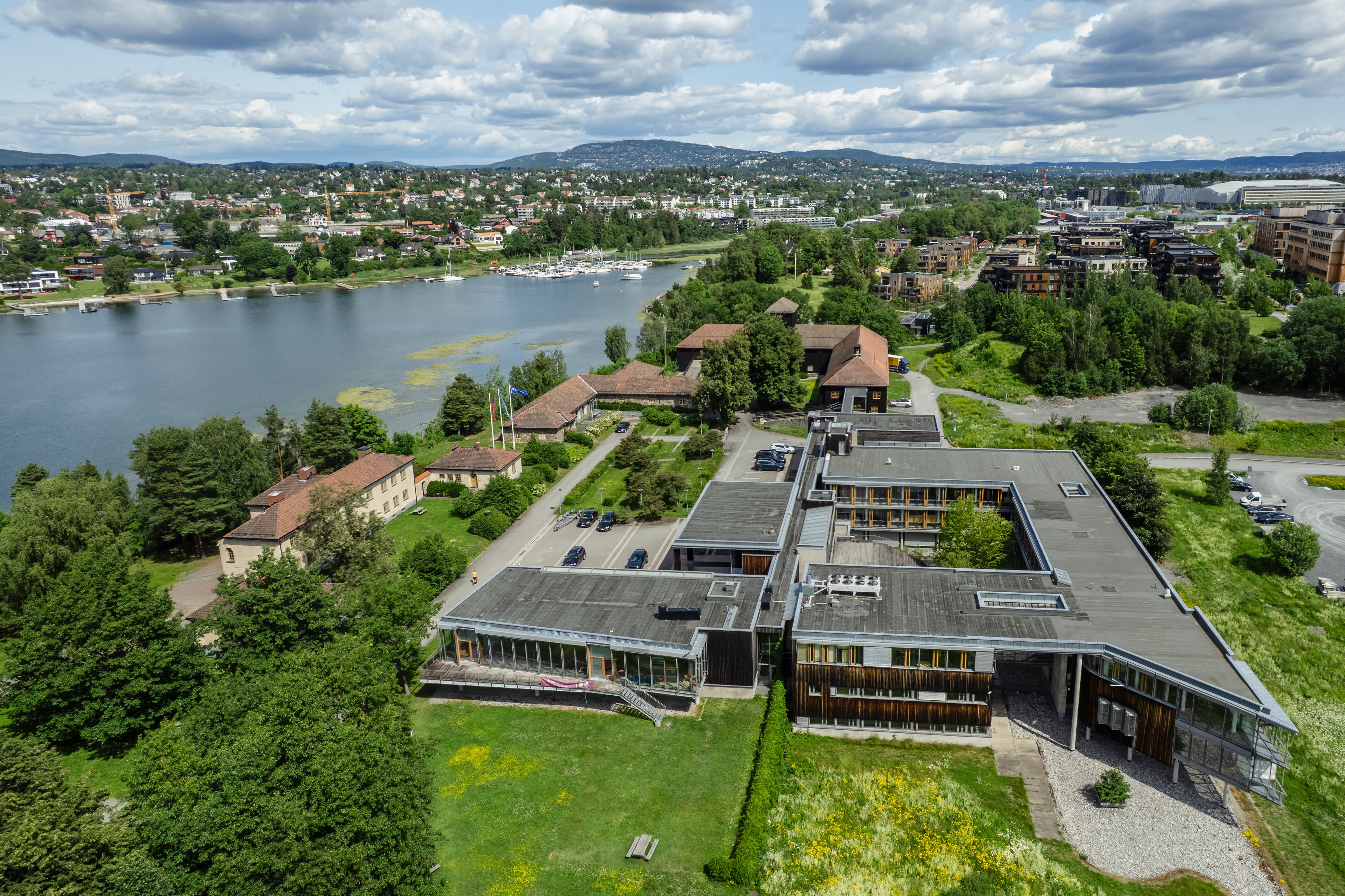 Dronefoto av Oksenøya bruk.