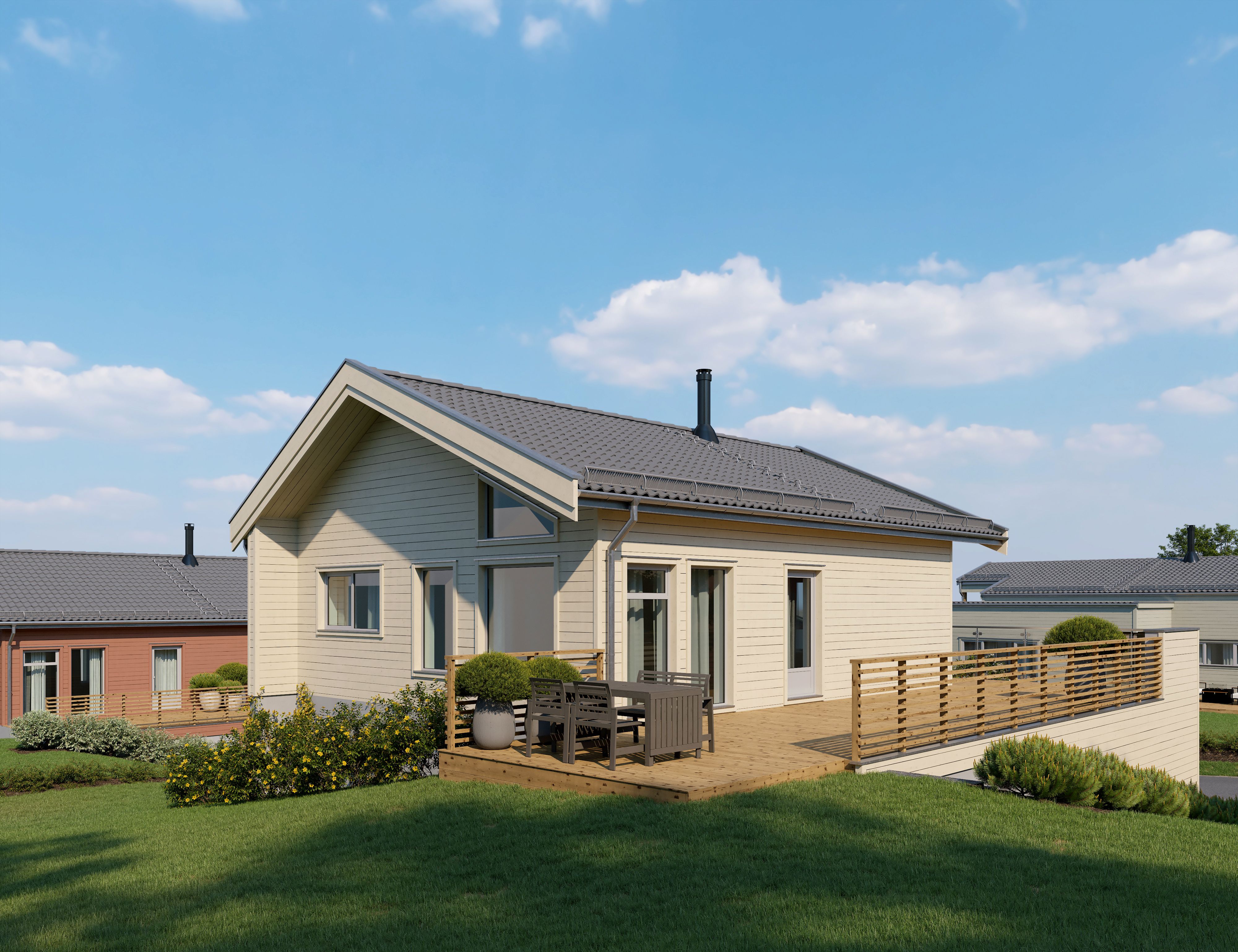 Illustrasjon av enebolig, hus 2, på Bjørnstad BF11. Sett fra terrasse/hagesiden.