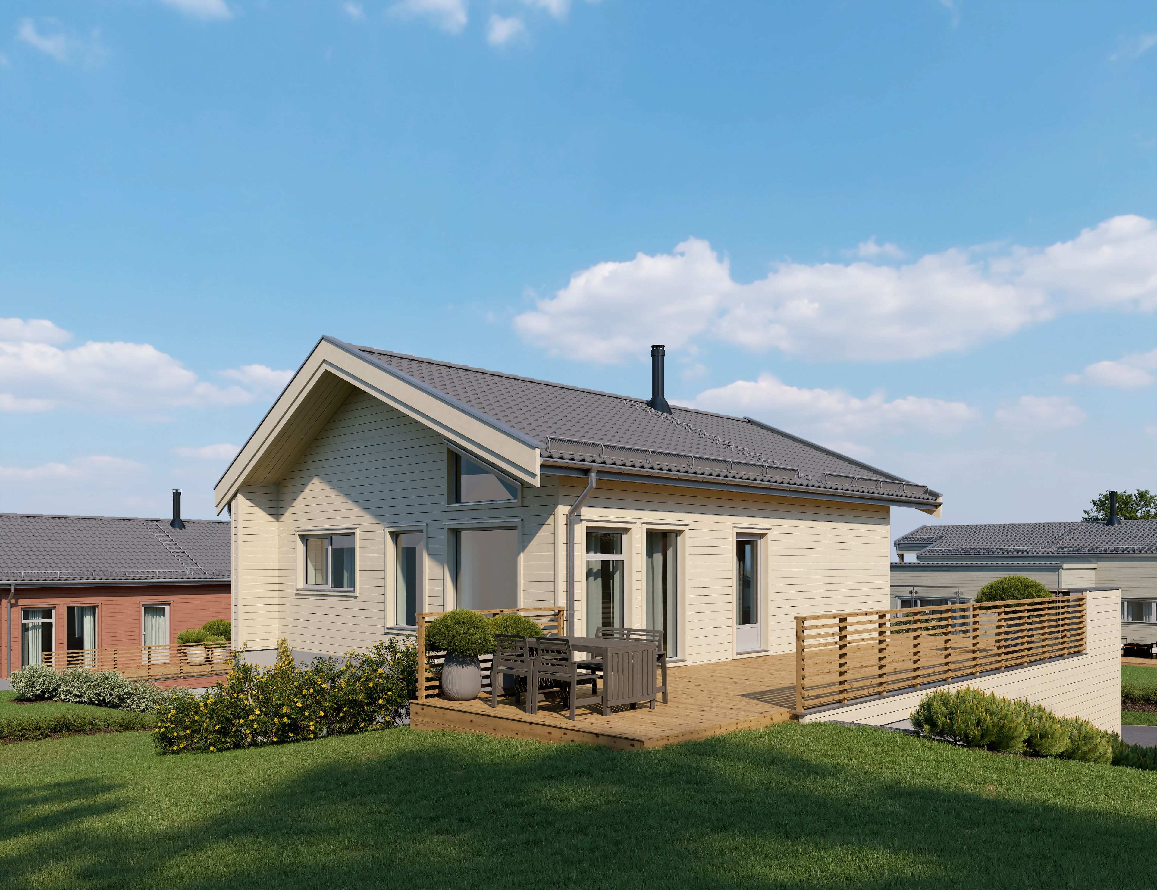 Illustrasjon av enebolig, hus 2, på Bjørnstad BF11. Sett fra terrasse/hagesiden.