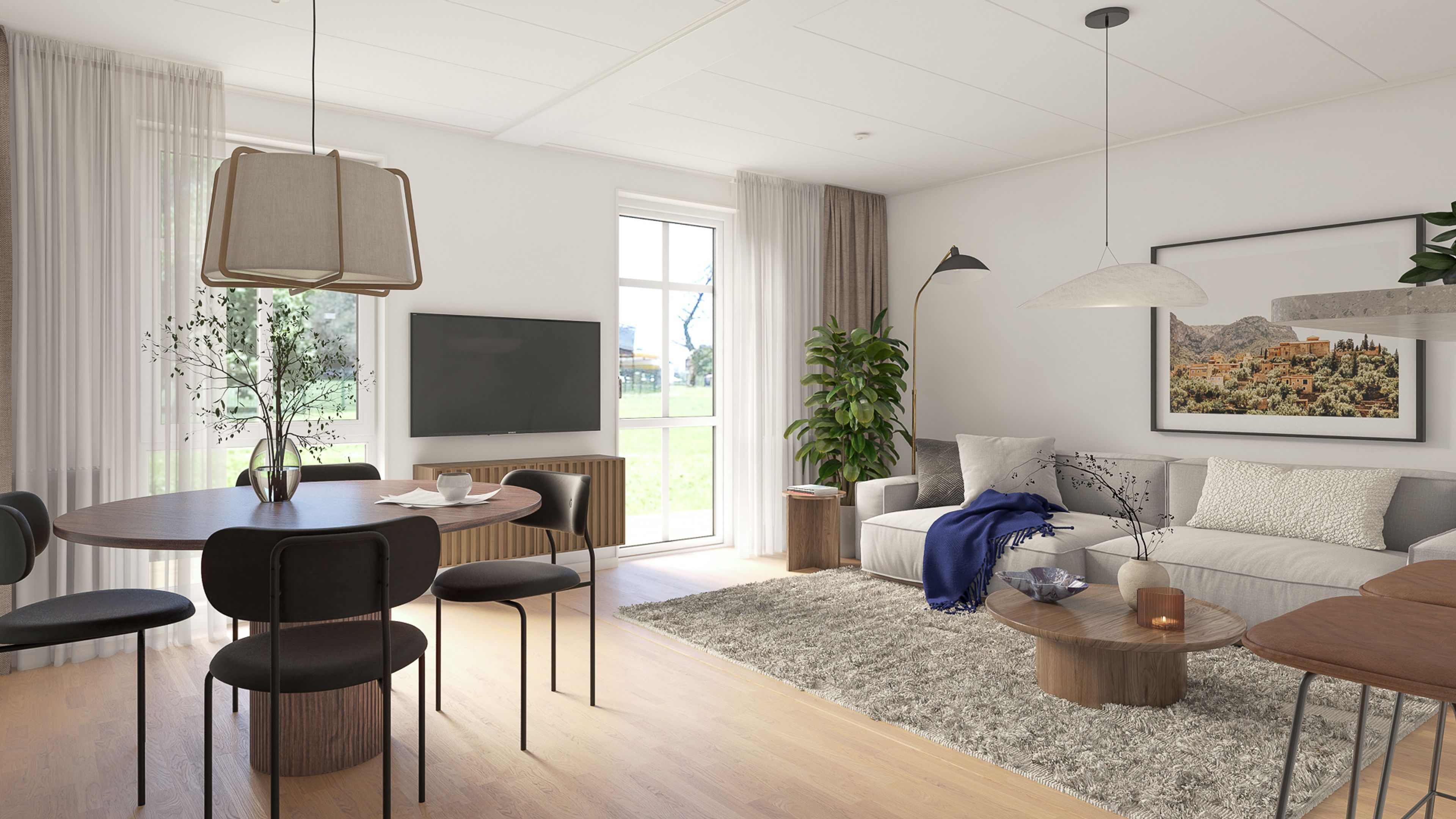 Bild vardagsrum med både soffa och matbord