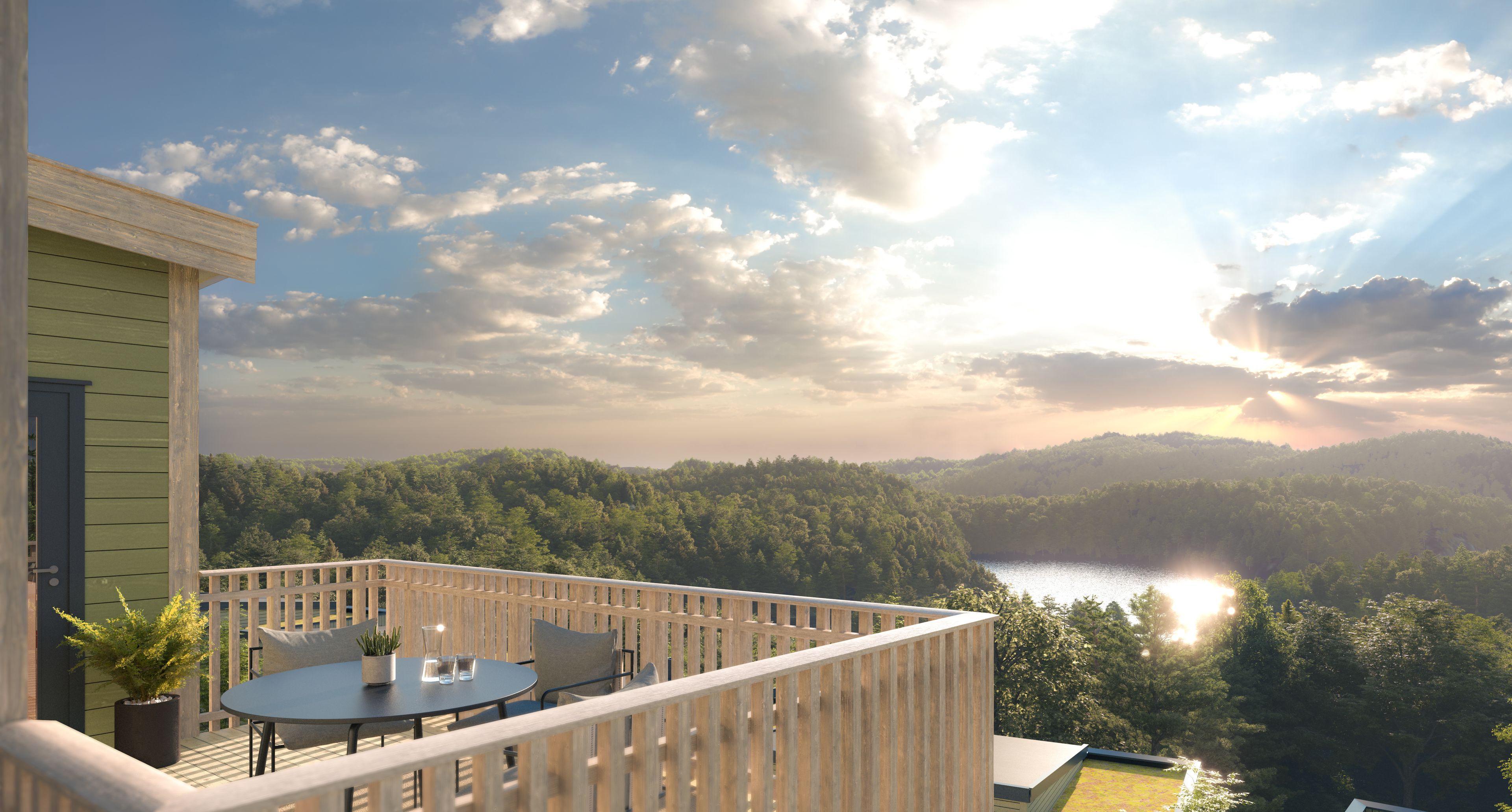 Illustrasjon av balkong i leilighet, med utsikt mot Drangsvann