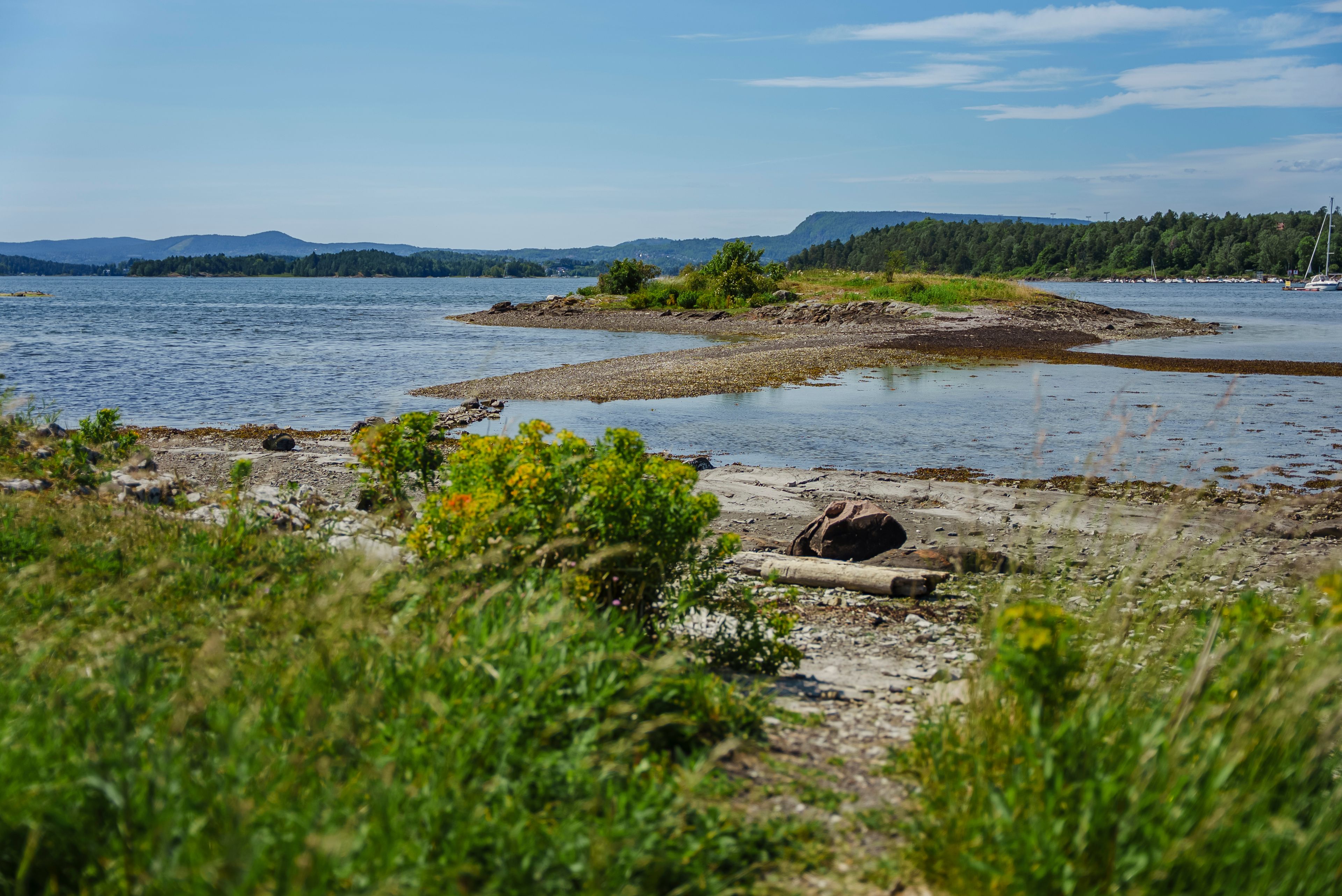 Kystlandskap og en halvøy med blå himmel