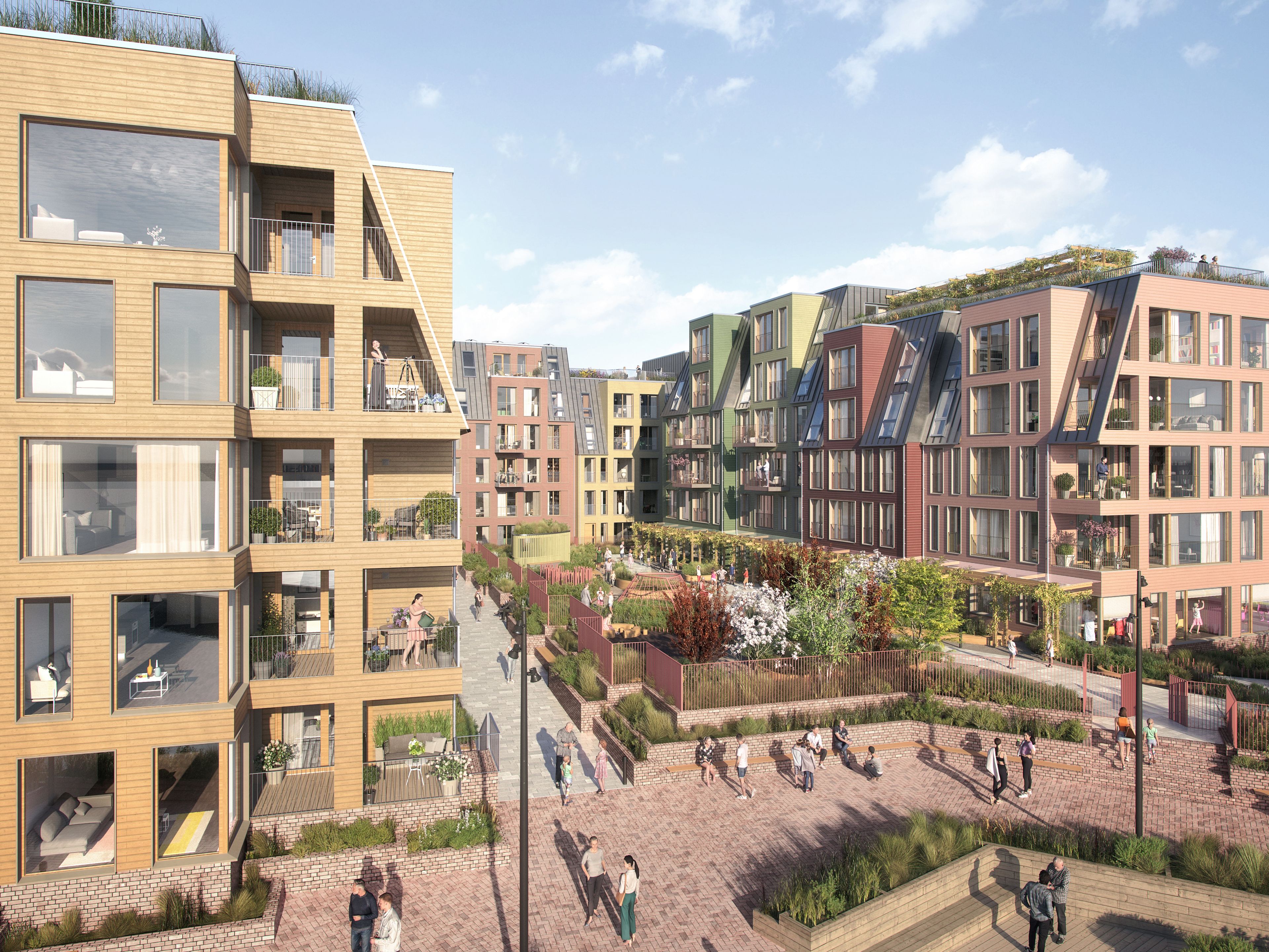 Illustrasjon av fasade og gårdsrom mellom husene på Nøstebukten brygge