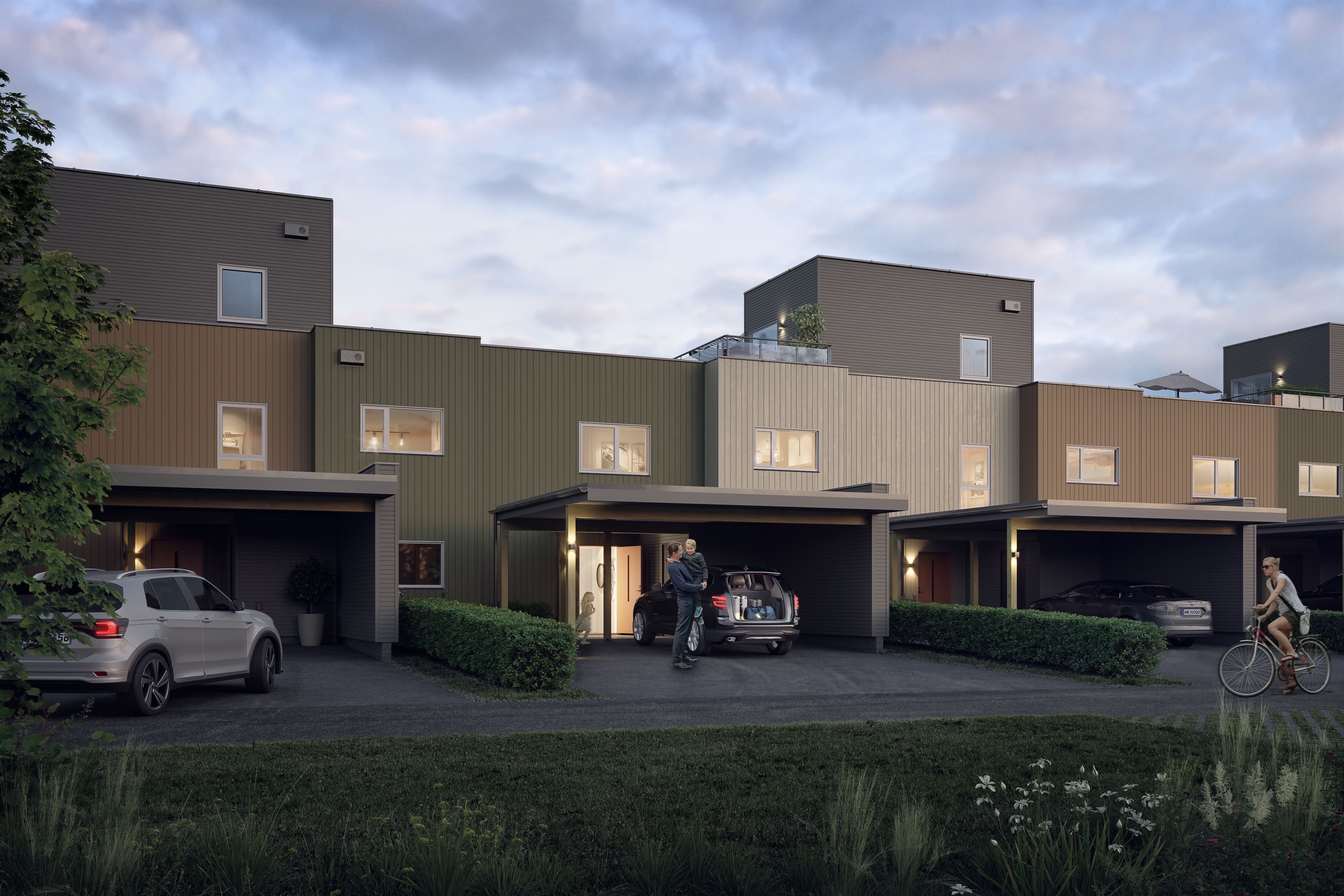 Illustrasjon av fasade på rekkehus på Mønstringsplassen