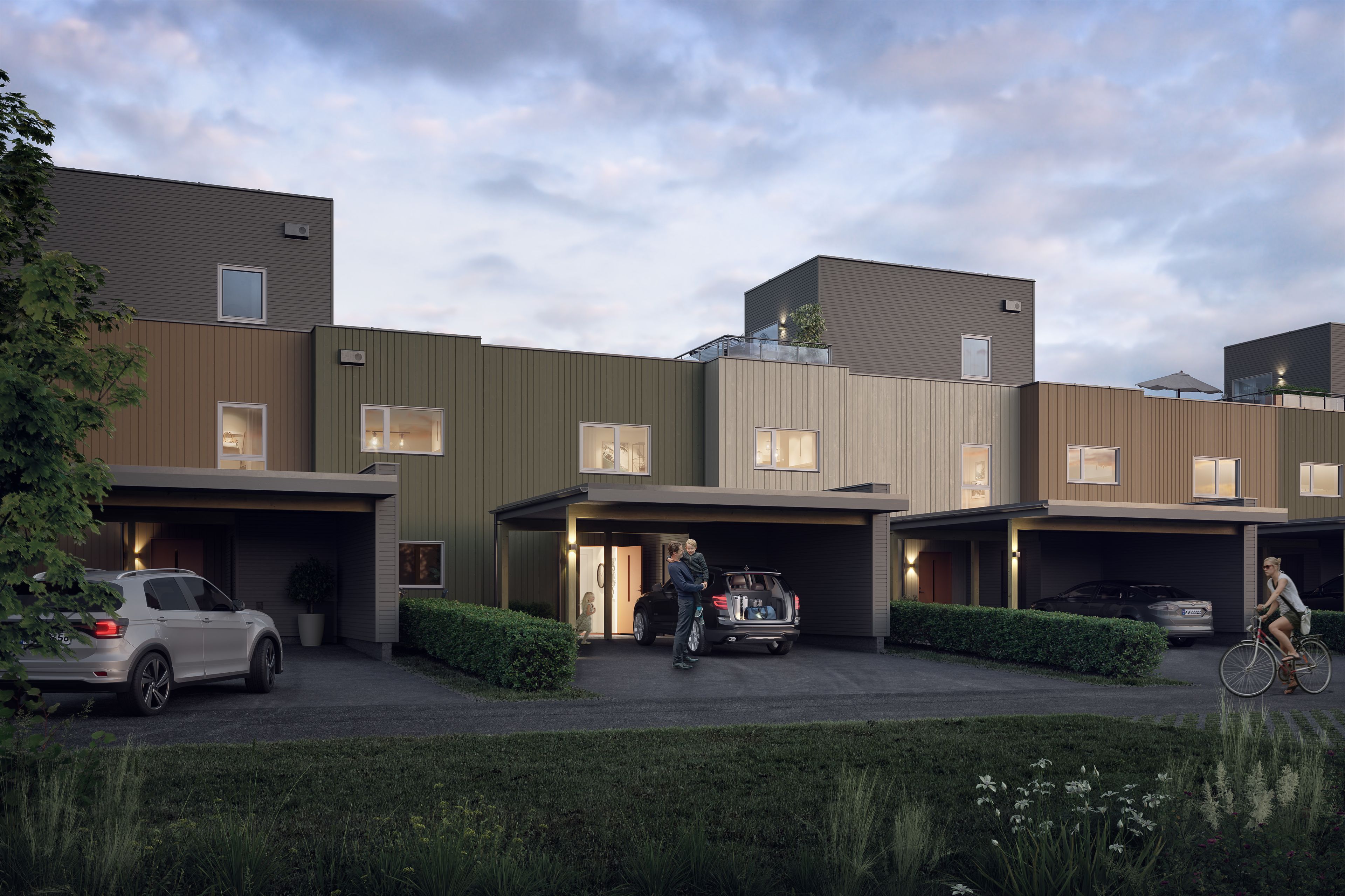 Illustrasjon av fasade på rekkehus på Mønstringsplassen