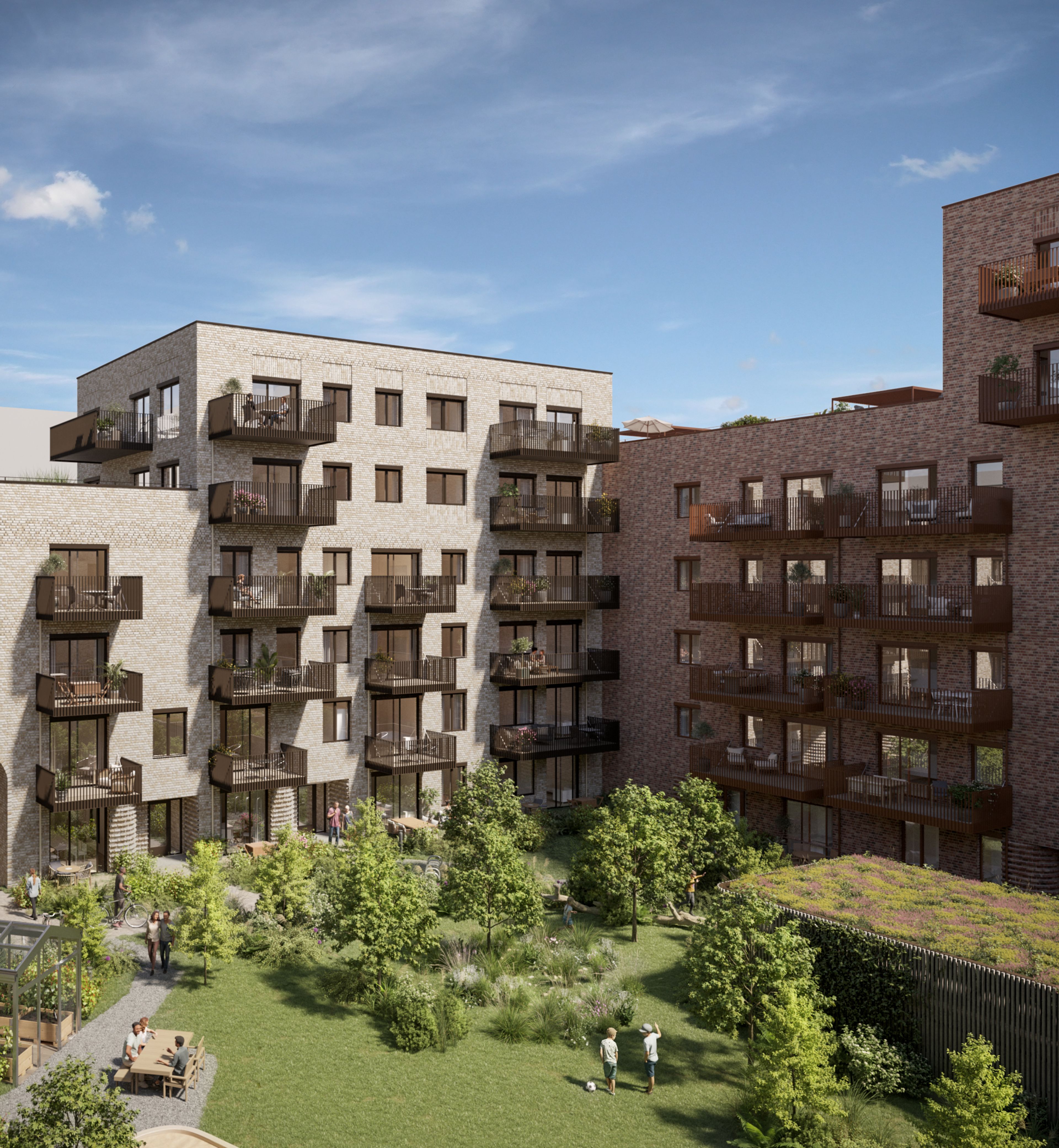 Illustrasjon av gårdsrom, svalgang og fasaden til leiligheter i kvartal 4 på Nansenløkka