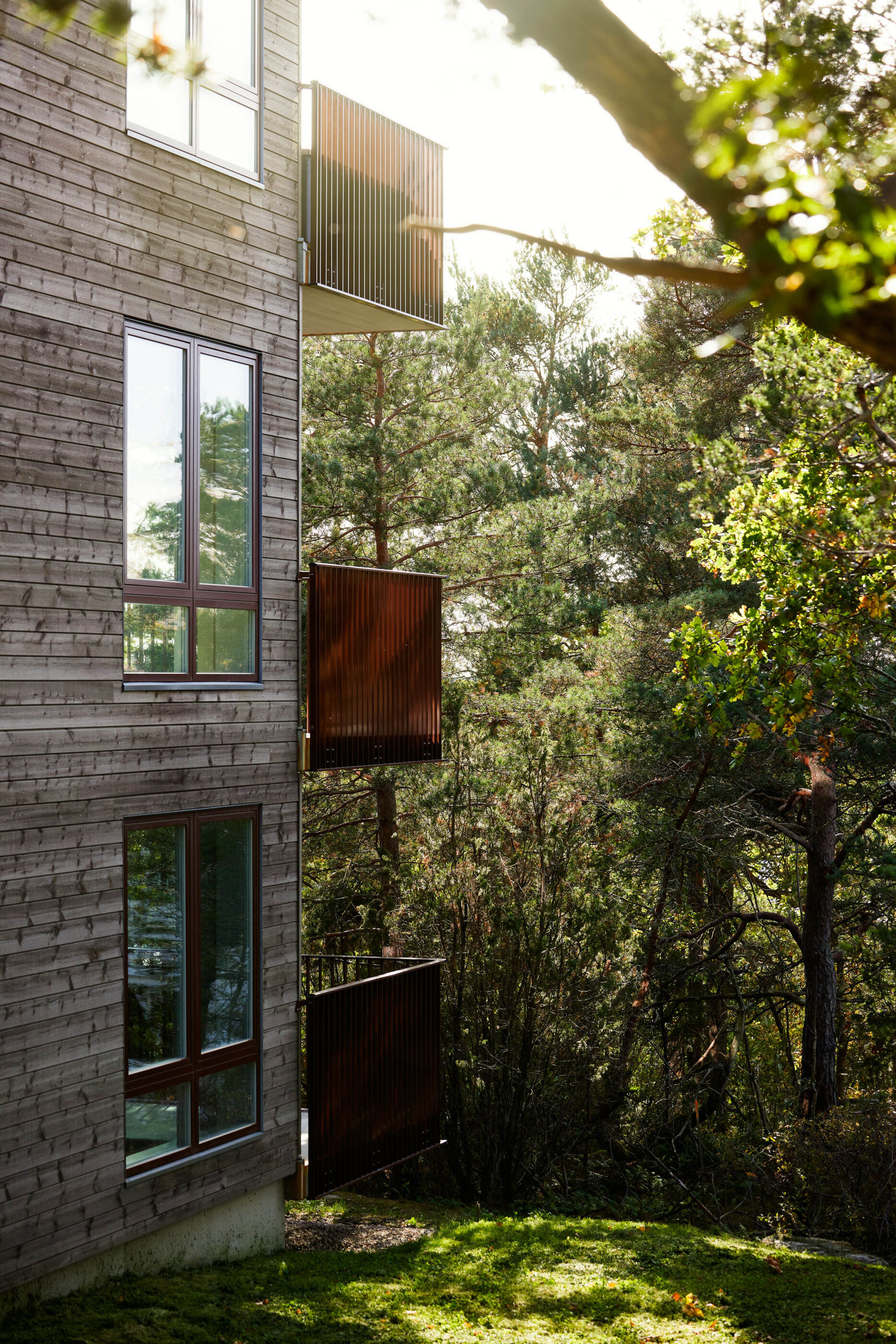 Bilde av fasaden på Haraldåsen. Her ser vi at skogen er tett på.