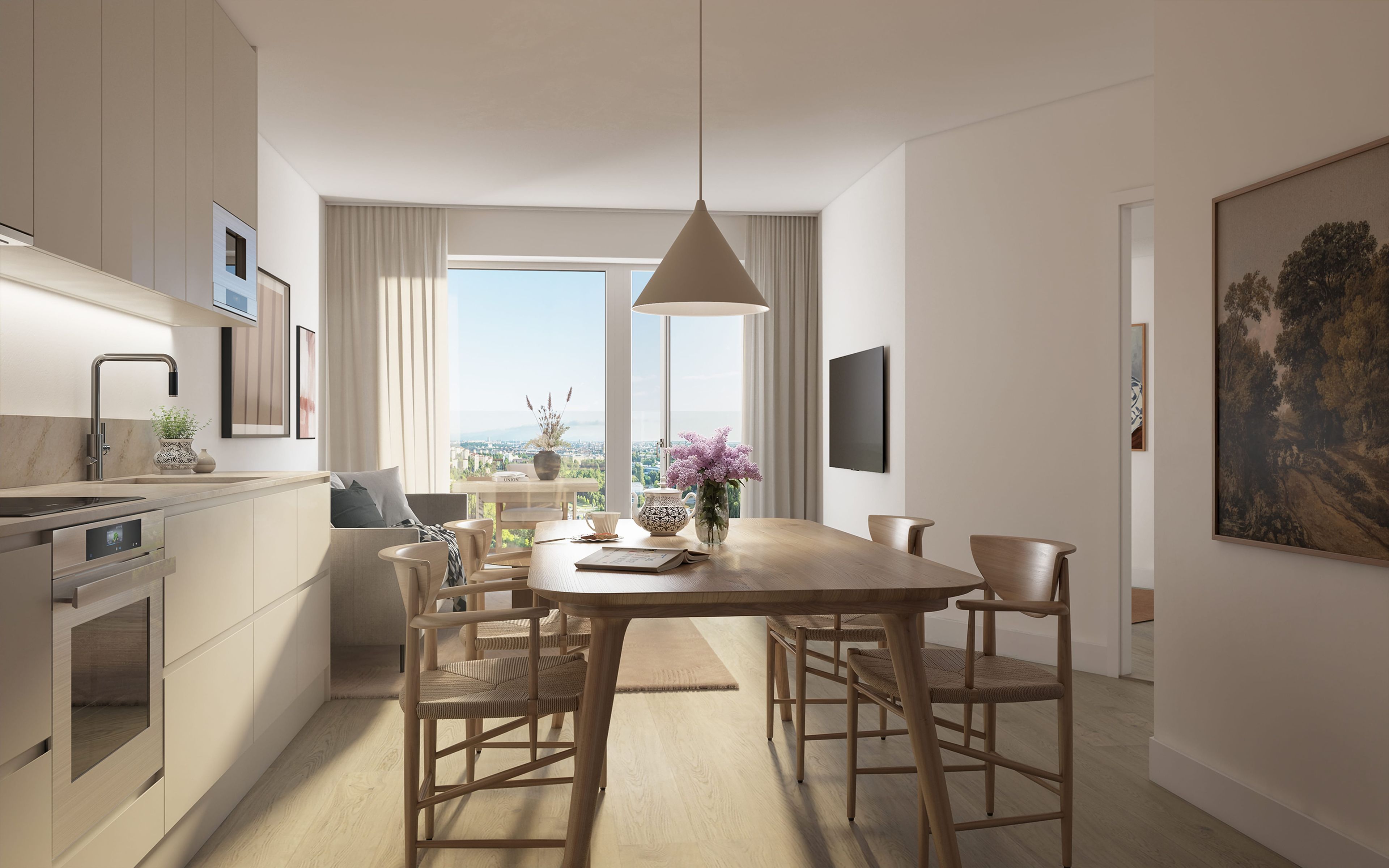 Stadsljus kök och utsikt