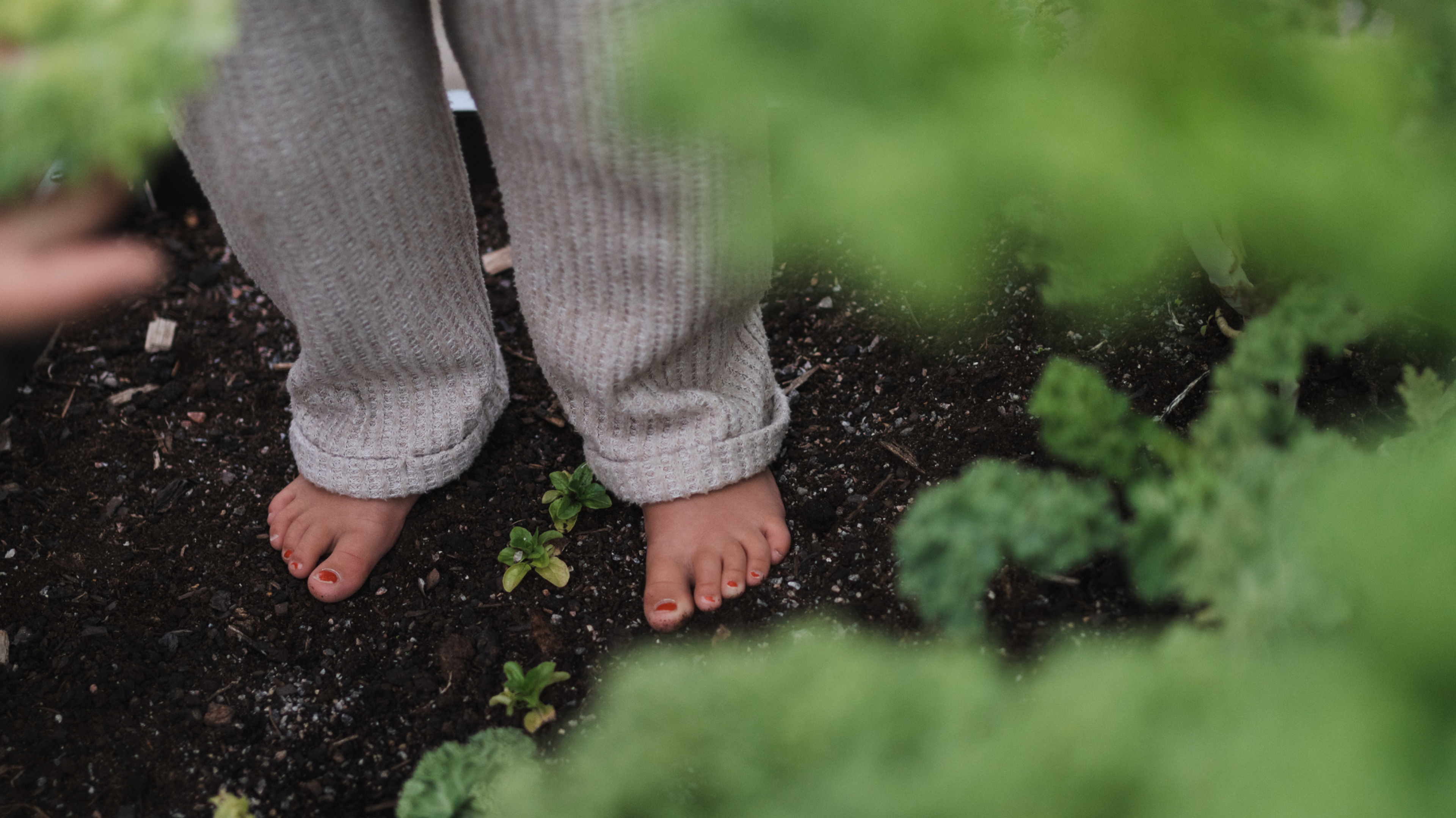 Barnfötter i jorden.