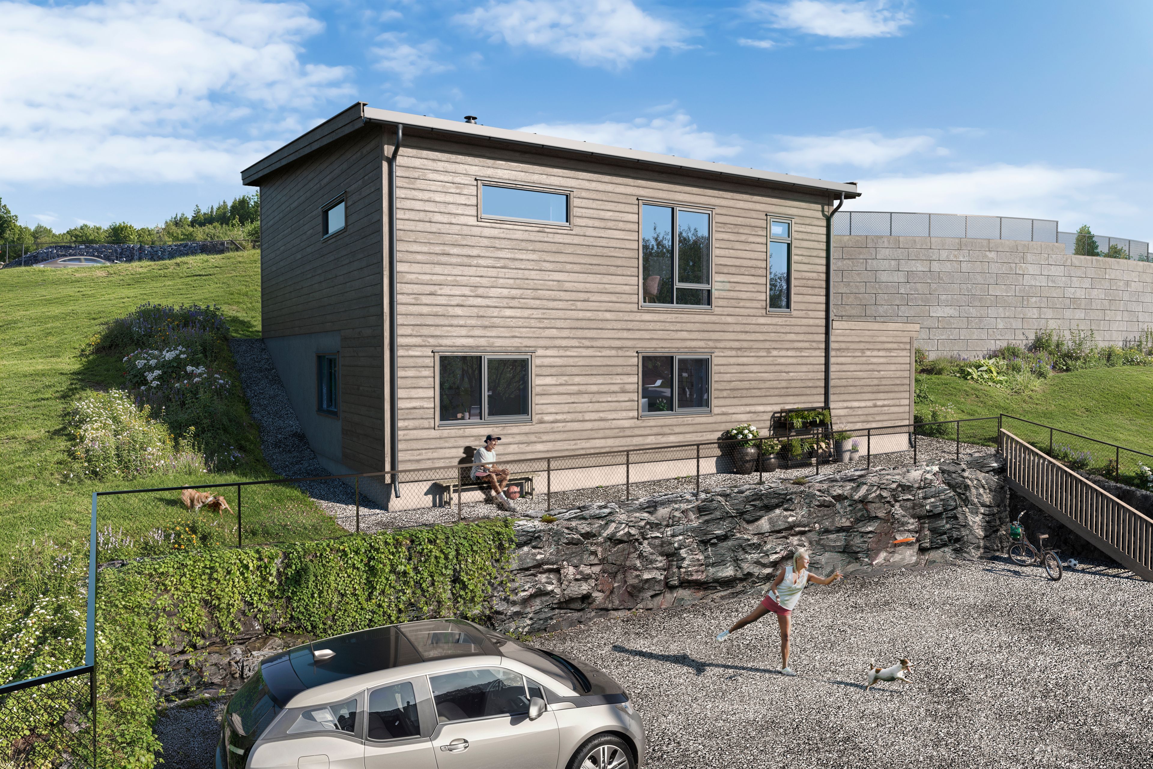 Illustrasjon av Trekanthuset, hus 7 (og 8), sett forfra, på Engetoppen.