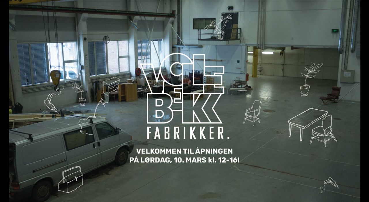 Plakat for åpningen av Vollebekk fabrikker med info om tid og sted.