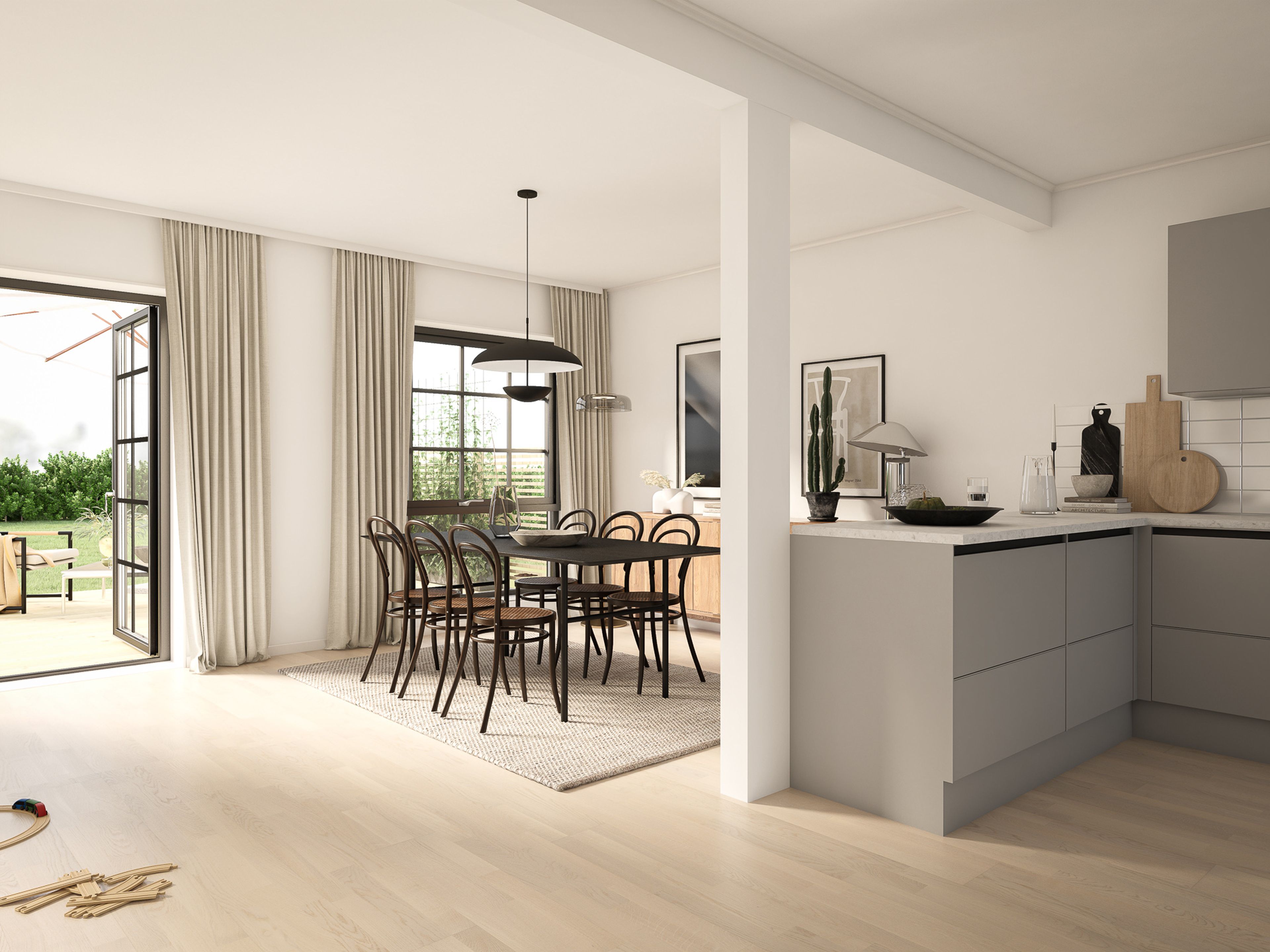 kök och matplats med dörr ut till uteplats