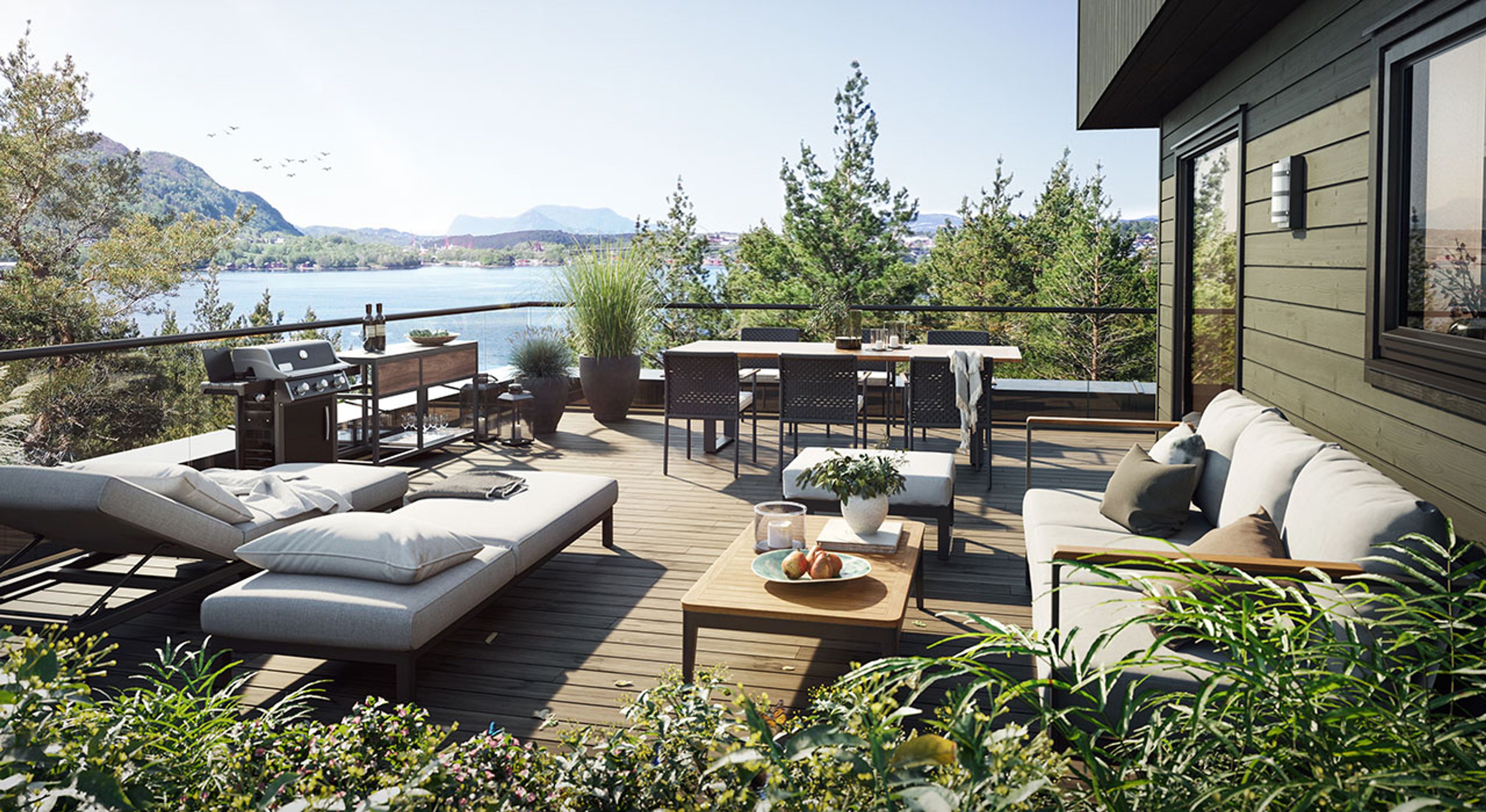 Illustrasjon av terrasse med utsikt over fjorden på Fjordsyn