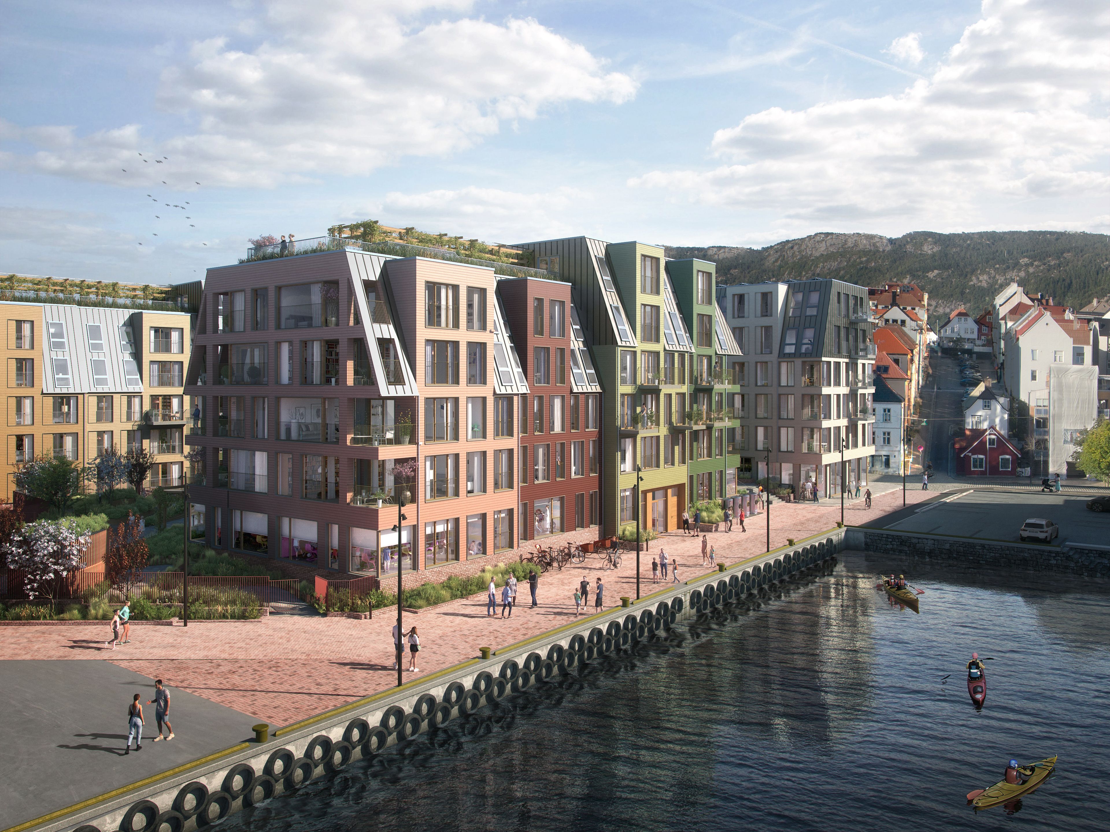 Illustrasjon av fasade på leilighetsbygg på Nøstebukten brygge, sett fra sjøen