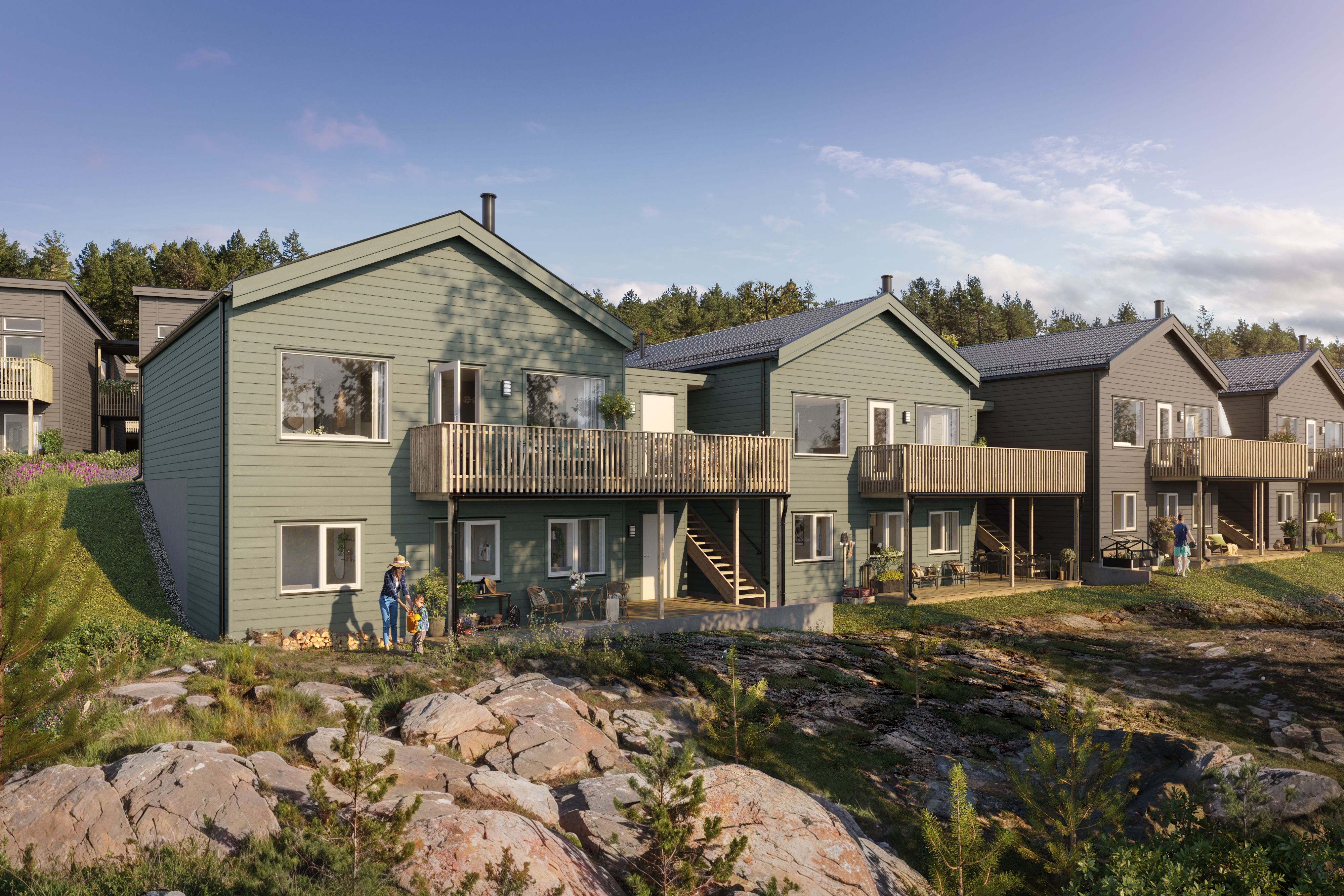 Illustrasjon av fasade på boliger i Henckeltunet Park