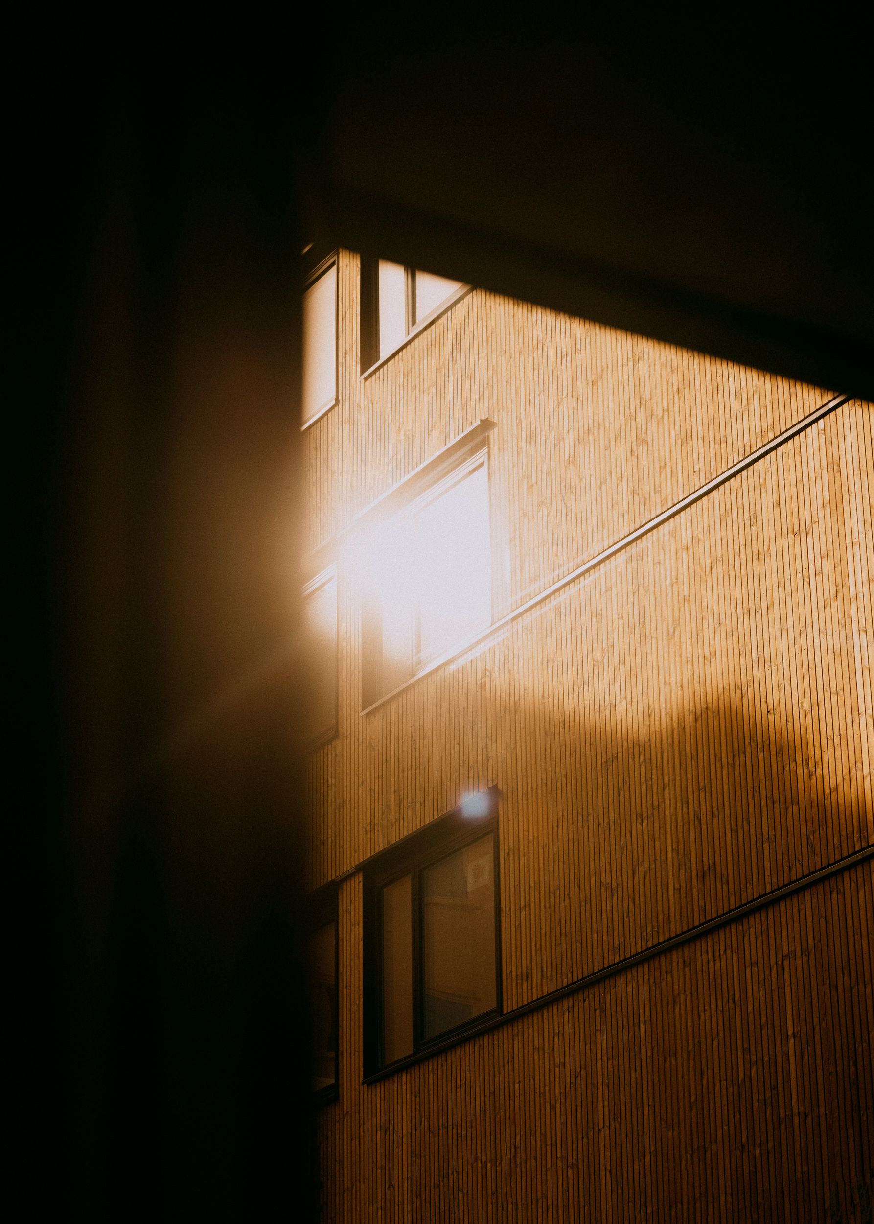 Bilde av fasade, hvor solen speiler seg i et vindu i Løren botaniske.