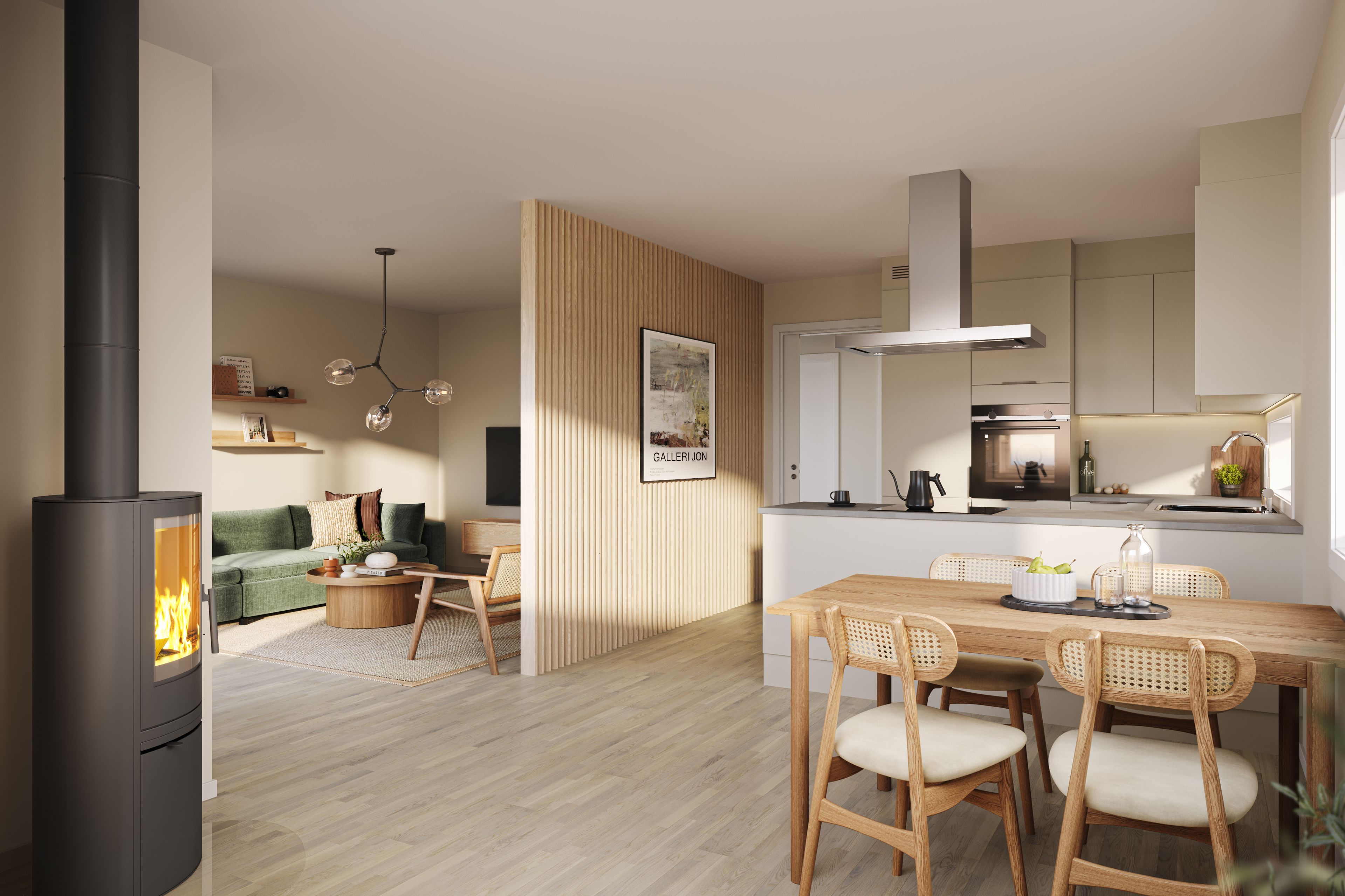 Illustrasjon av kjøkken i frittliggende enebolig, hus 9, Strømnesåsen.