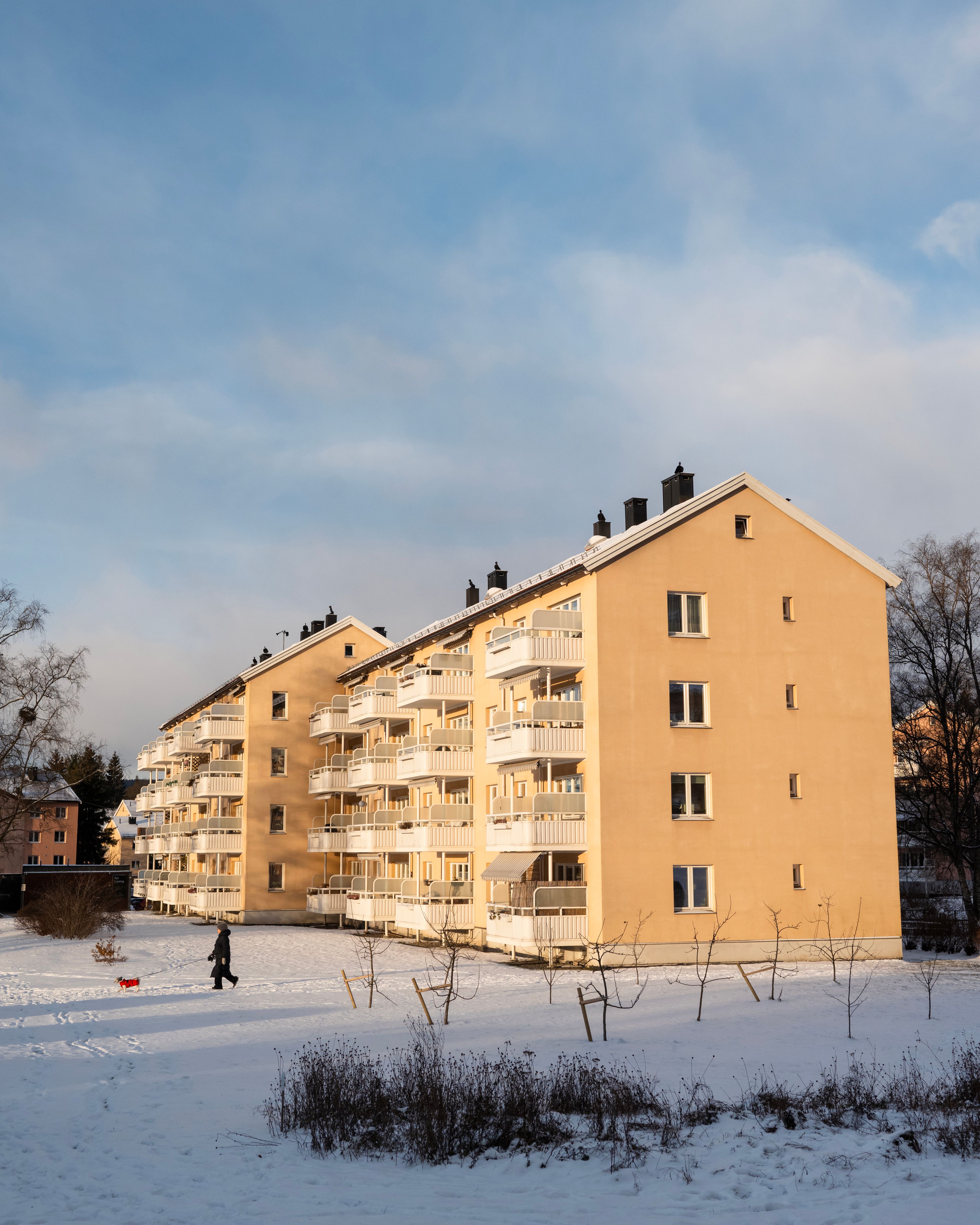 Foto av fasaden og balkongene til noen av blokkene i Myren borettslag.