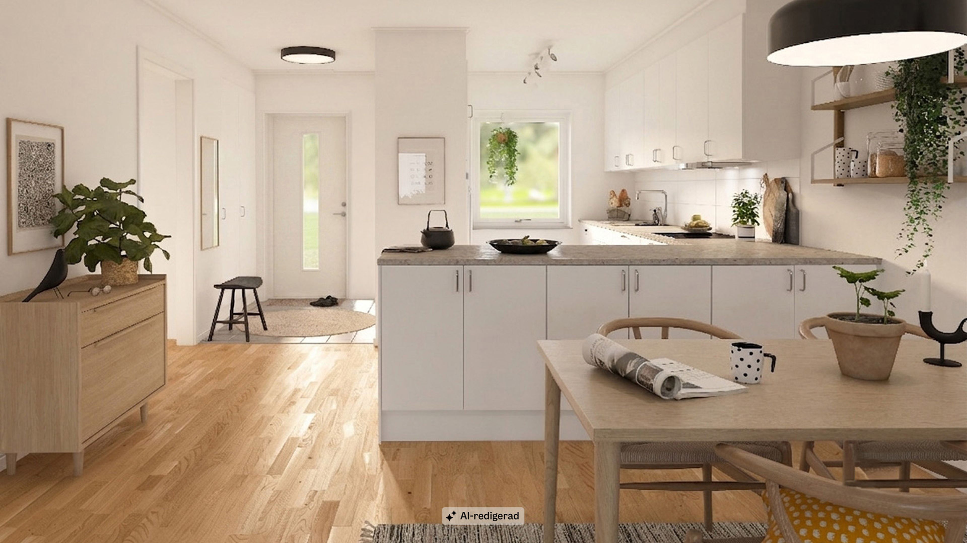 Illustration av kök och entré på radhus 82 kvm (AI redigerad)