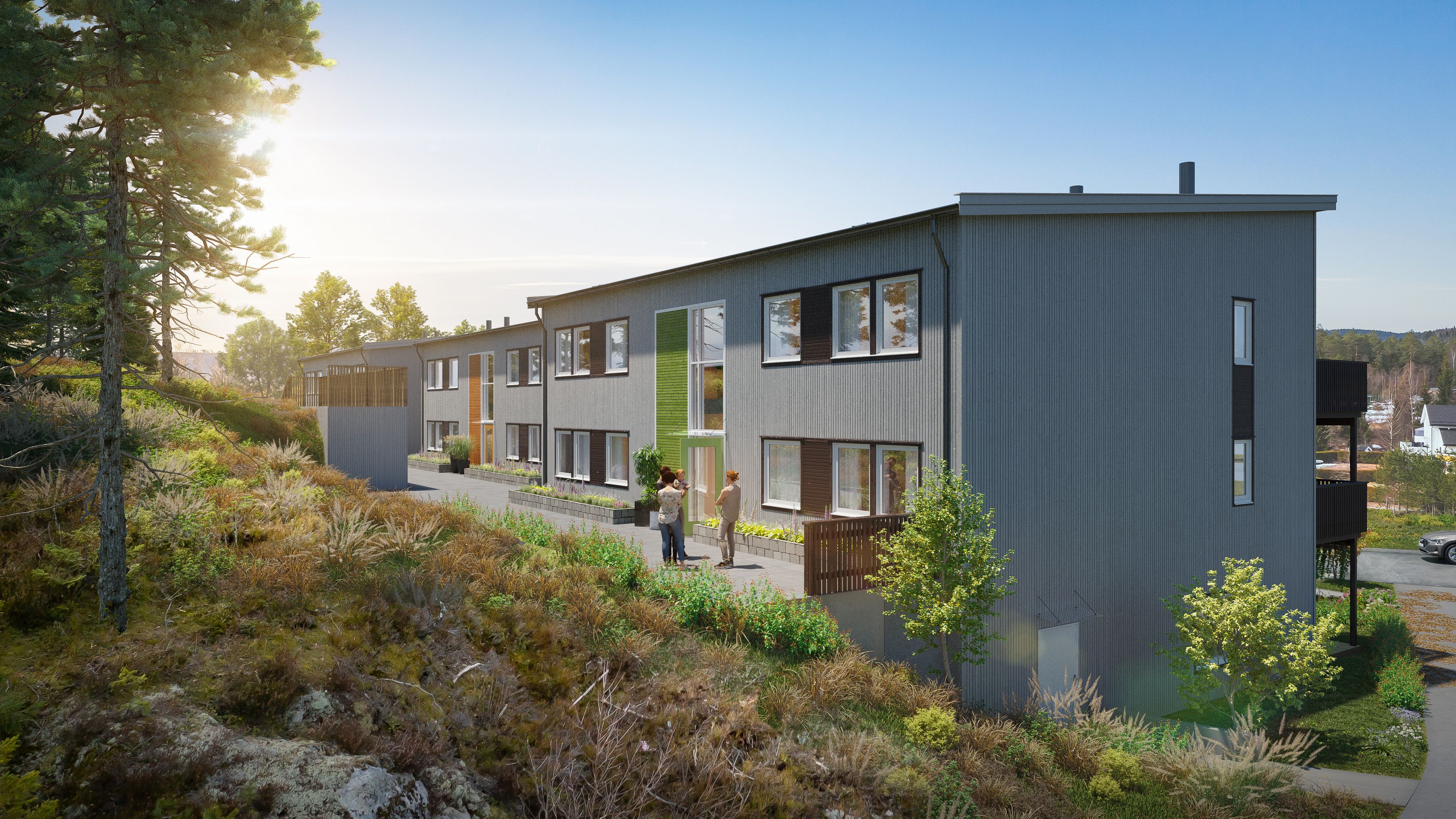 Illustrasjon av fasade på leilighetsbygg hus 1–3, på Eltonåsen Syd, BKS5.