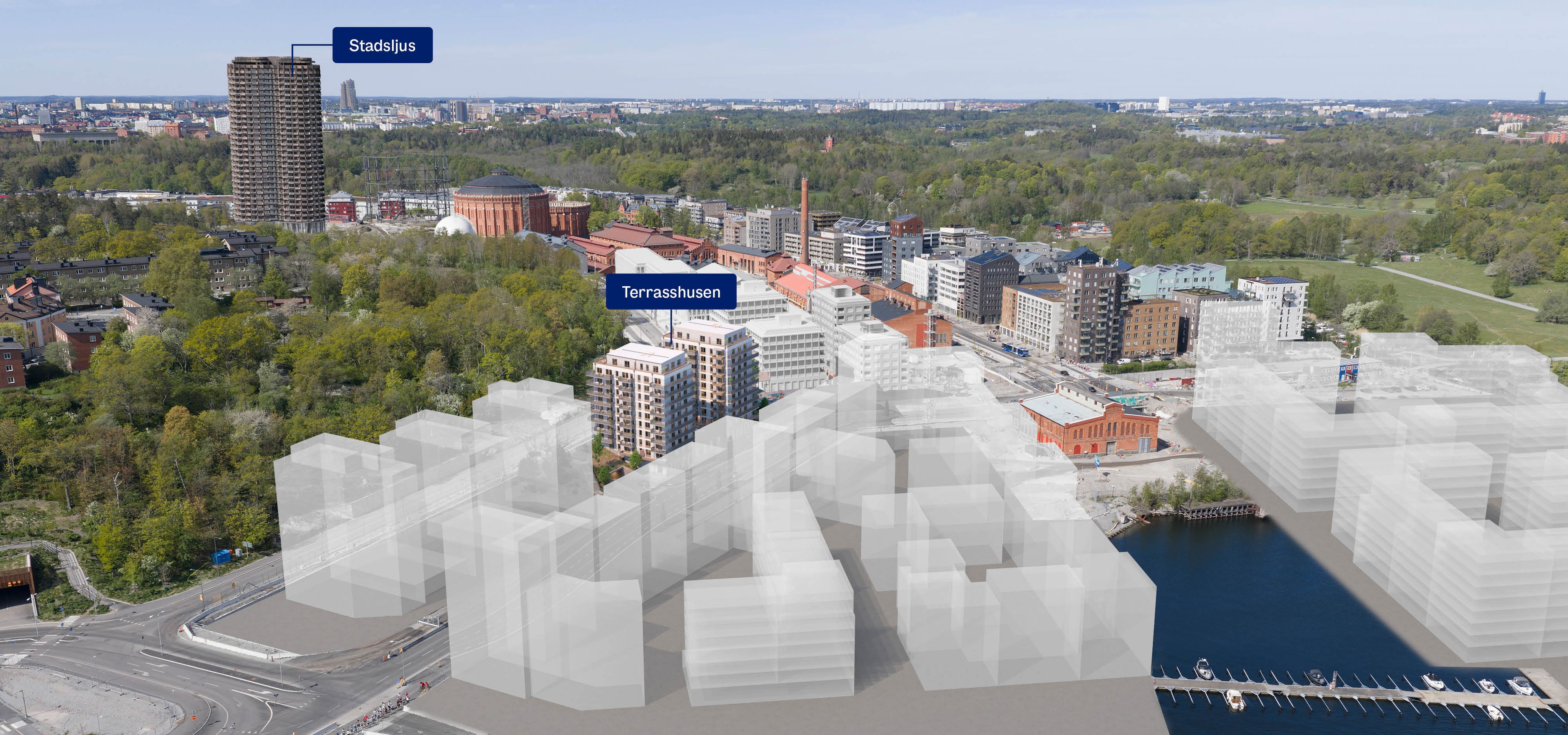 översiktsbild där projekten i Norra Djurgårdsstaden är ut markerade