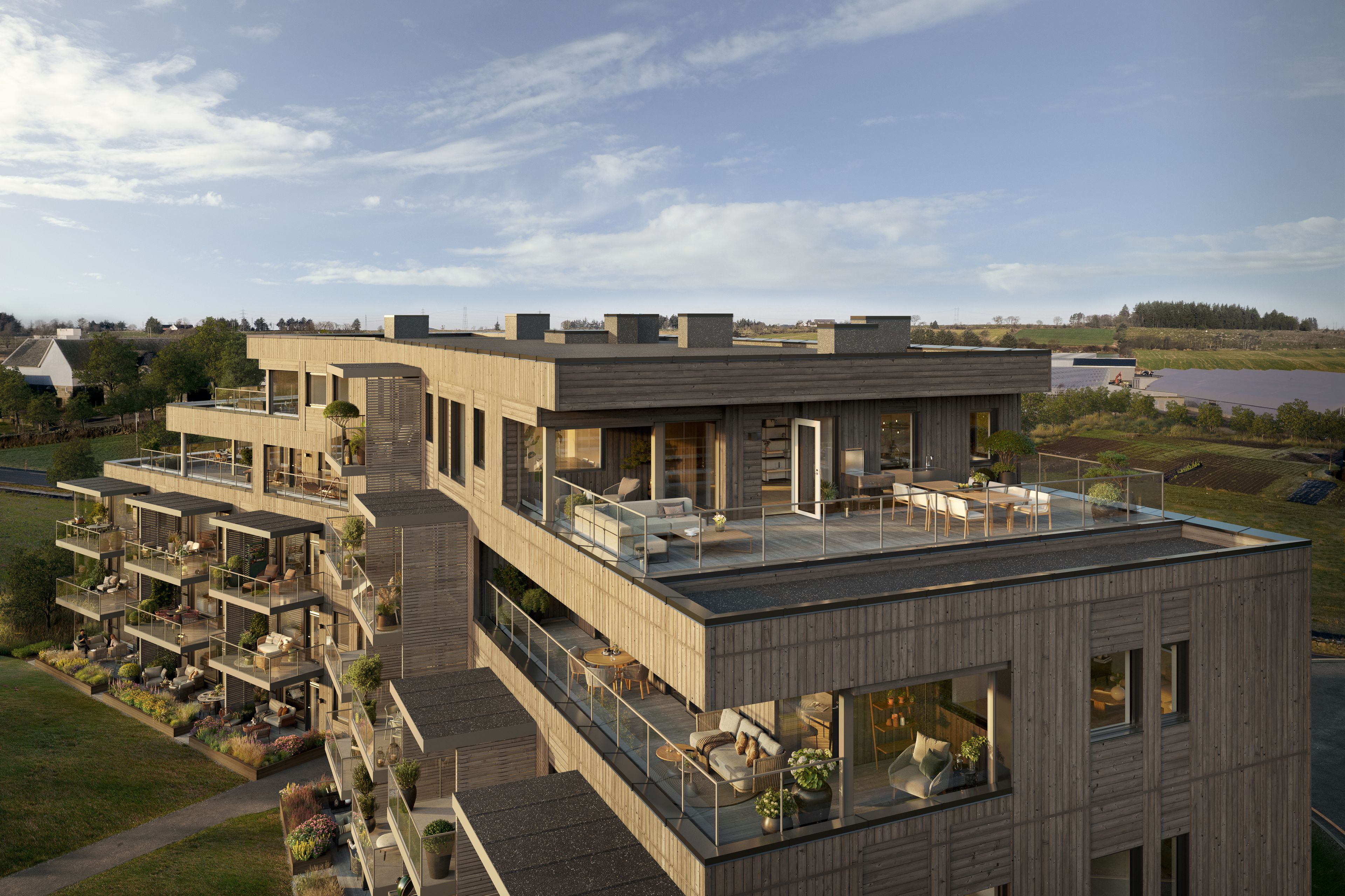 Illustrasjon av takterrasse på toppen av boligprosjektet Stasjonshøyden.